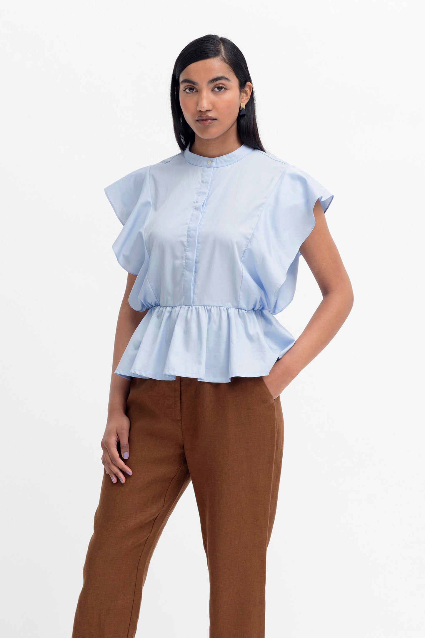 Aiva Organic Cotton Ruffle Top Model Front | BLUEBELL
