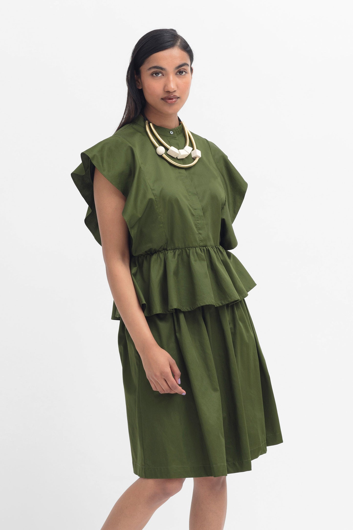 Aiva gathered Knee Length Cotton A-line Skirt Model with Aiva Top | OLIVE