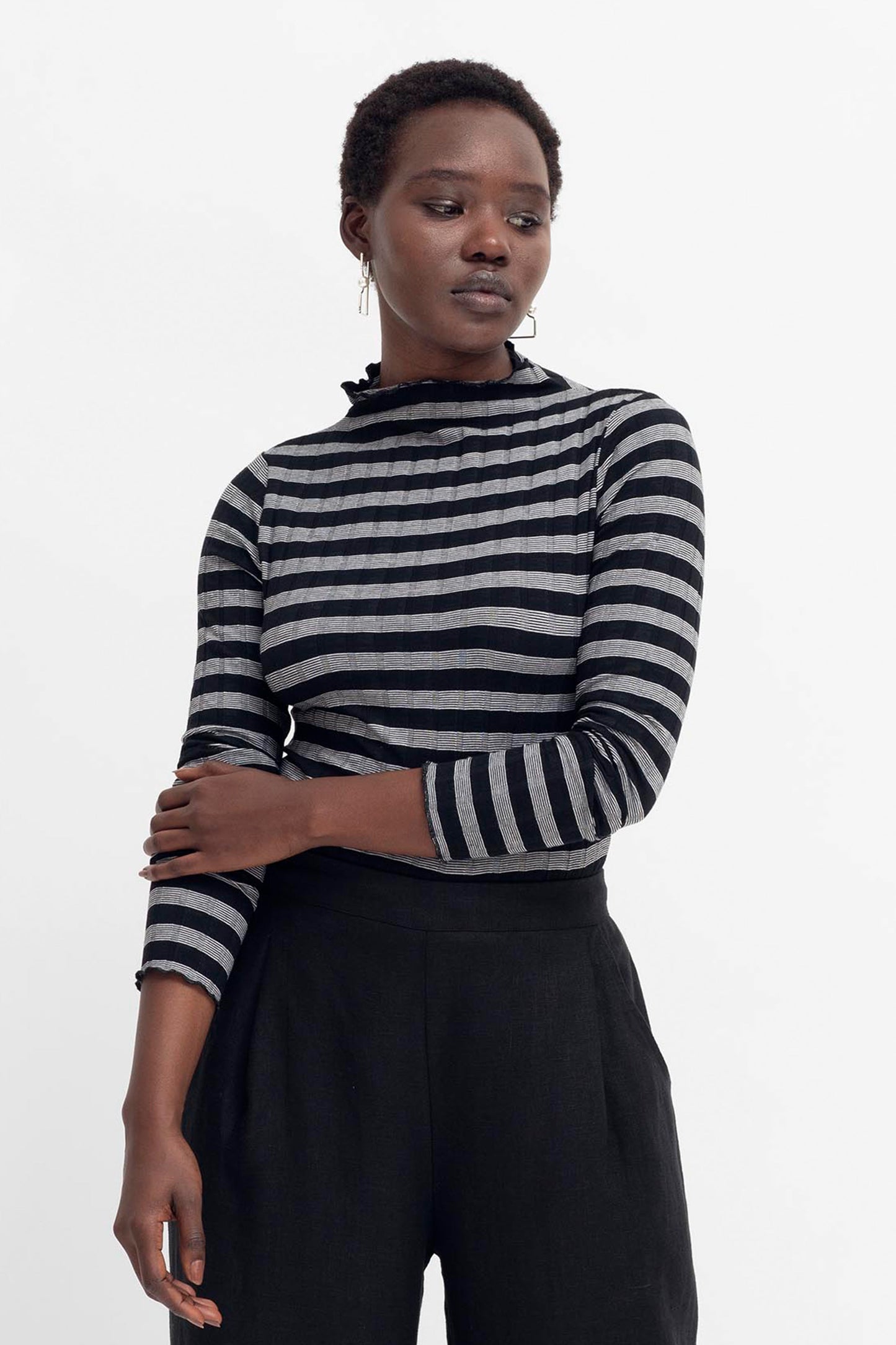 Skiva Striped Organic Cotton Long Sleeve Jersey Turtleneck Top Model Front | BLACK WHITE STRIPE