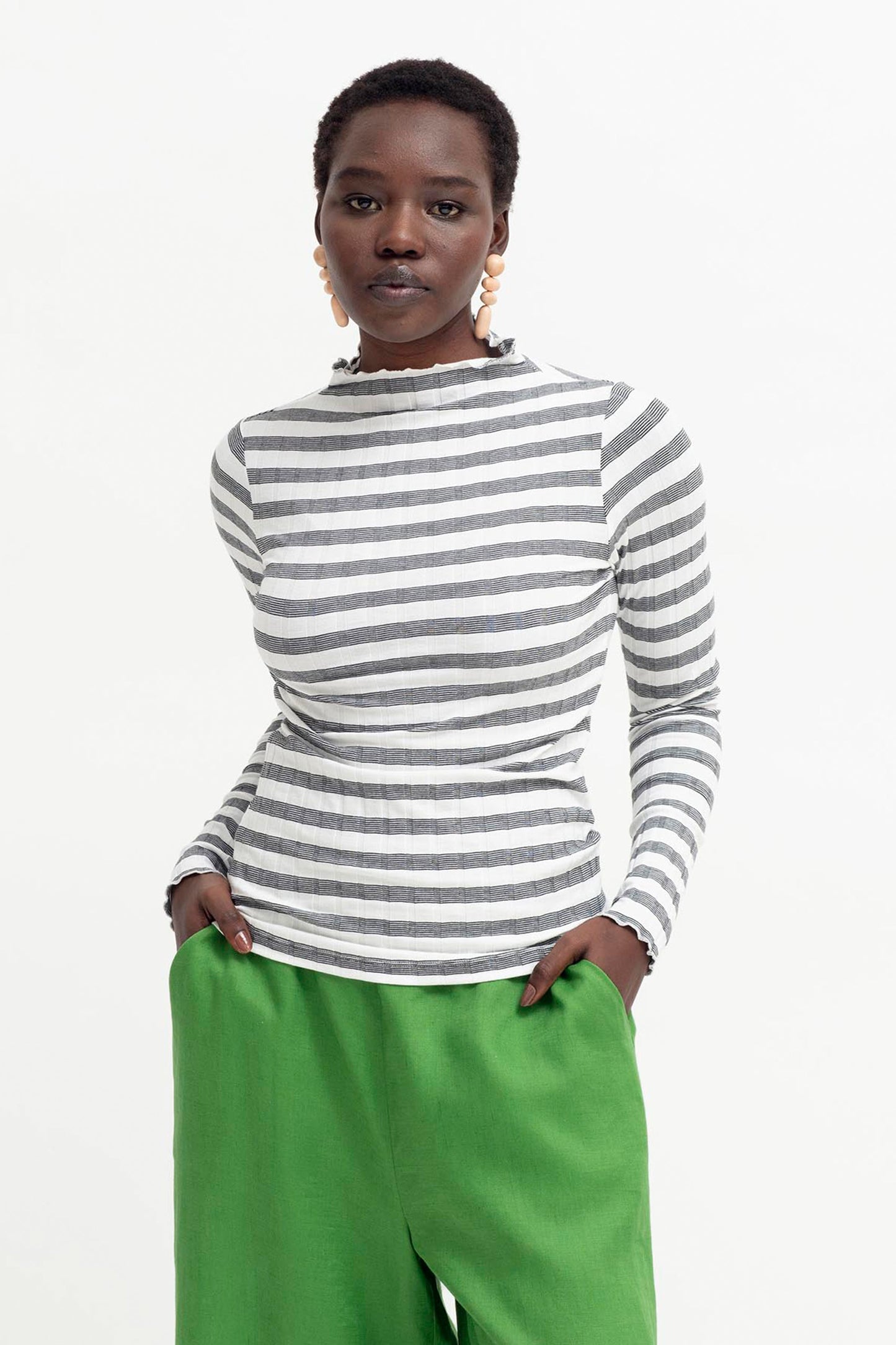 Skiva Striped Organic Cotton Long Sleeve Jersey Turtleneck Top Model Front | WHITE BLACK STRIPE