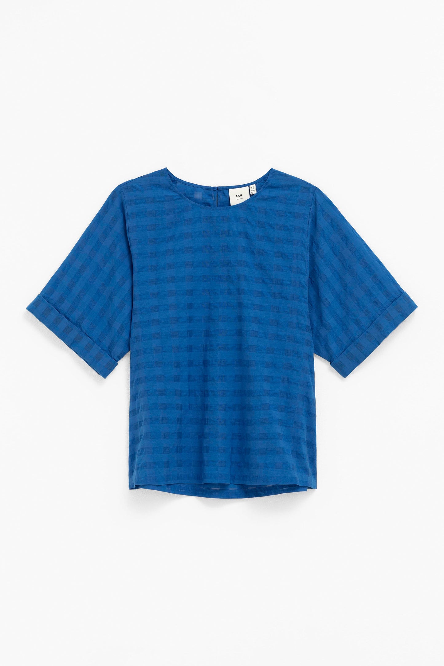 Leede Organic Cotton Woven Check Textured Short Sleeved Top Front | SEA BLUE
