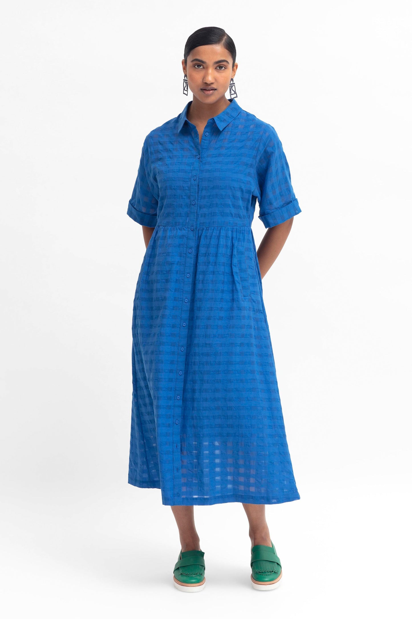 Leede Organic Cotton Woven Check Textured Shirt Dress Model Front | SEA BLUE