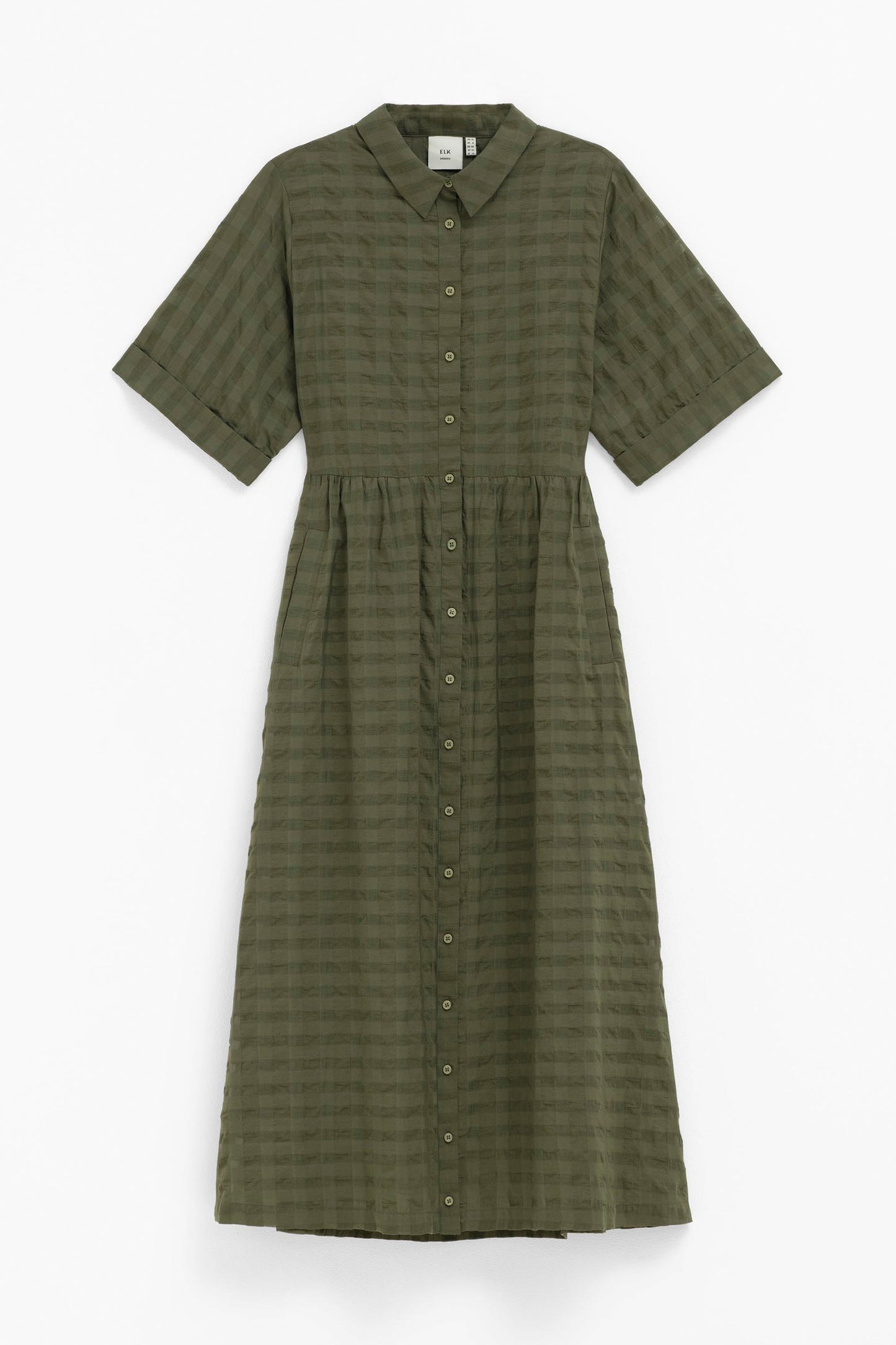 Leede Organic Cotton Woven Check Textured Shirt Dress Front | OLIVINE