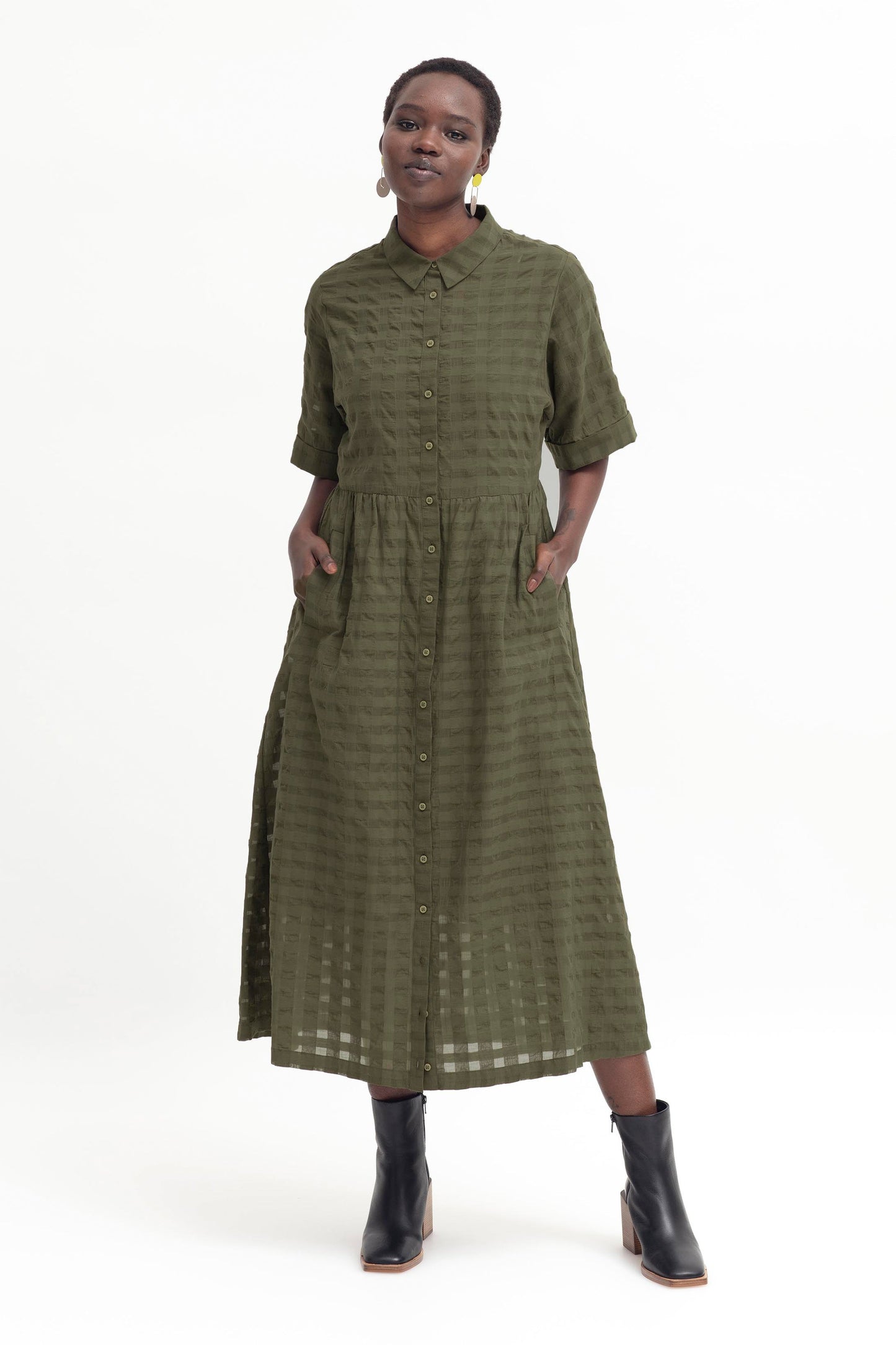 Leede Organic Cotton Woven Check Textured Shirt Dress Model Front | OLIVINE