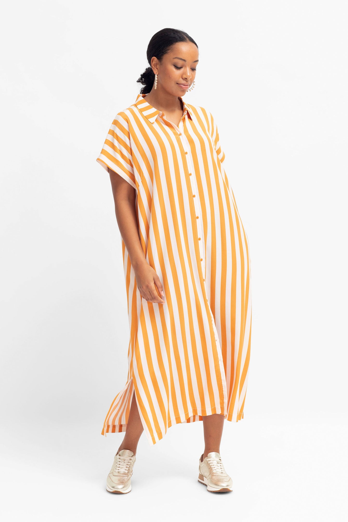 Maika Stripe Sustainable Viscose Shirt Dress Model Front Untied | TURMERIC LIGHT PINK STRIPE