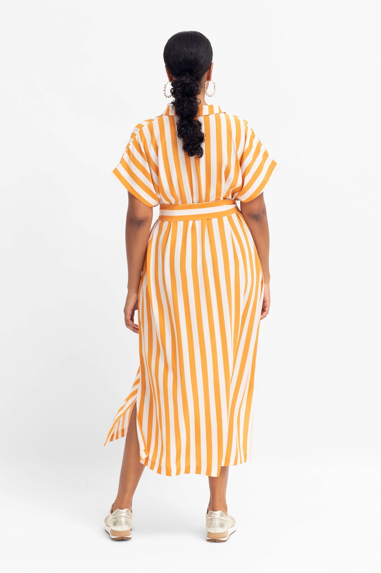 Maika Stripe Sustainable Viscose Shirt Dress Model Back Tied | TURMERIC LIGHT PINK STRIPE