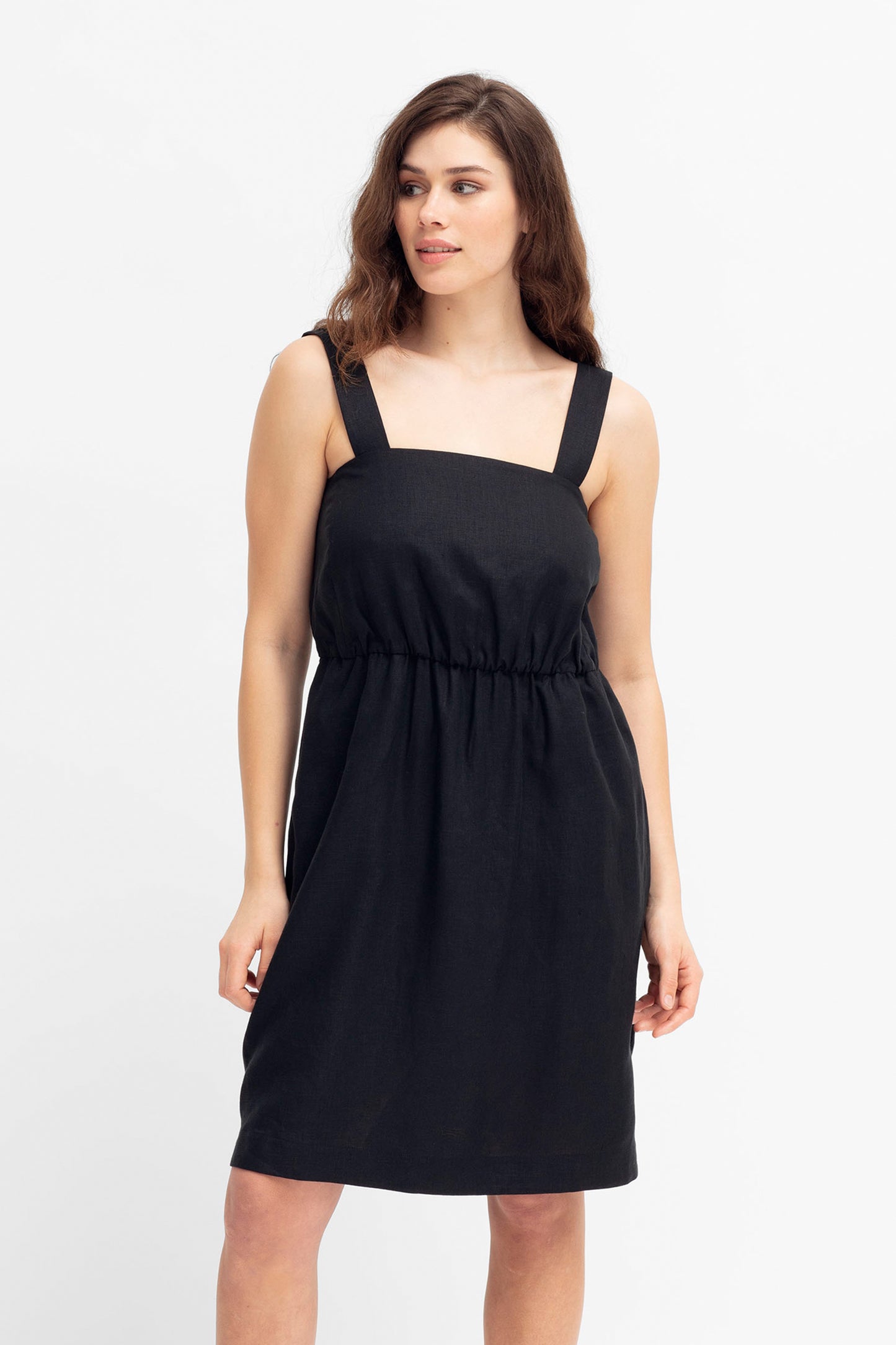 Anneli Linen Waisted Sleeveless Tank Dress Front Model | BLACK