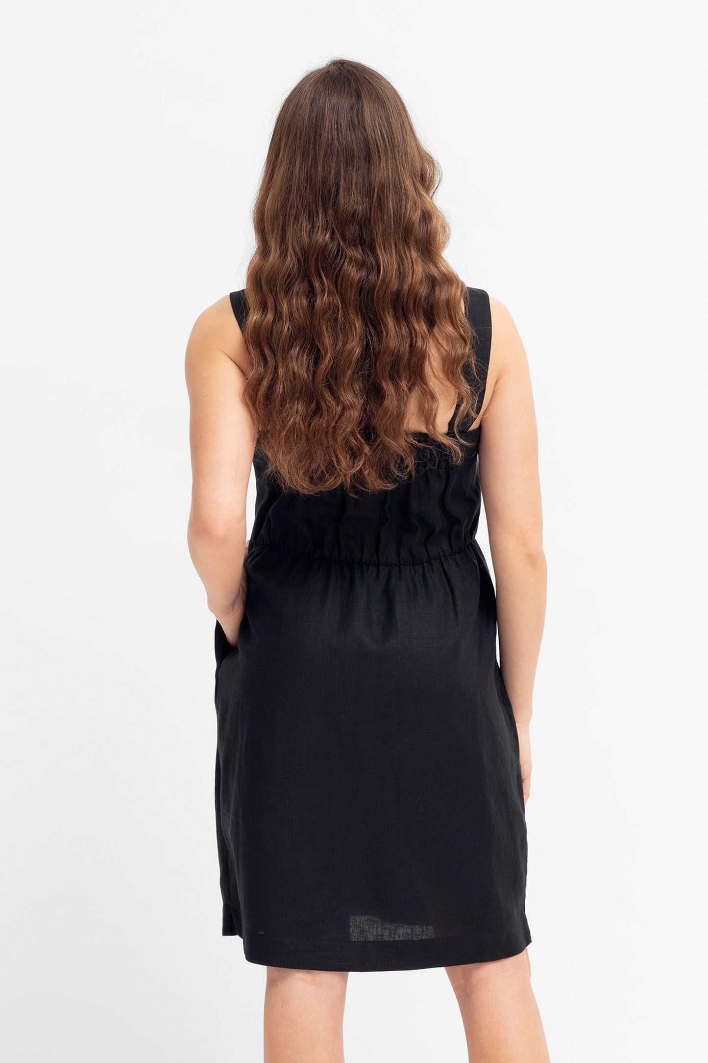 Anneli Linen Waisted Sleeveless Tank Dress Back Model | BLACK