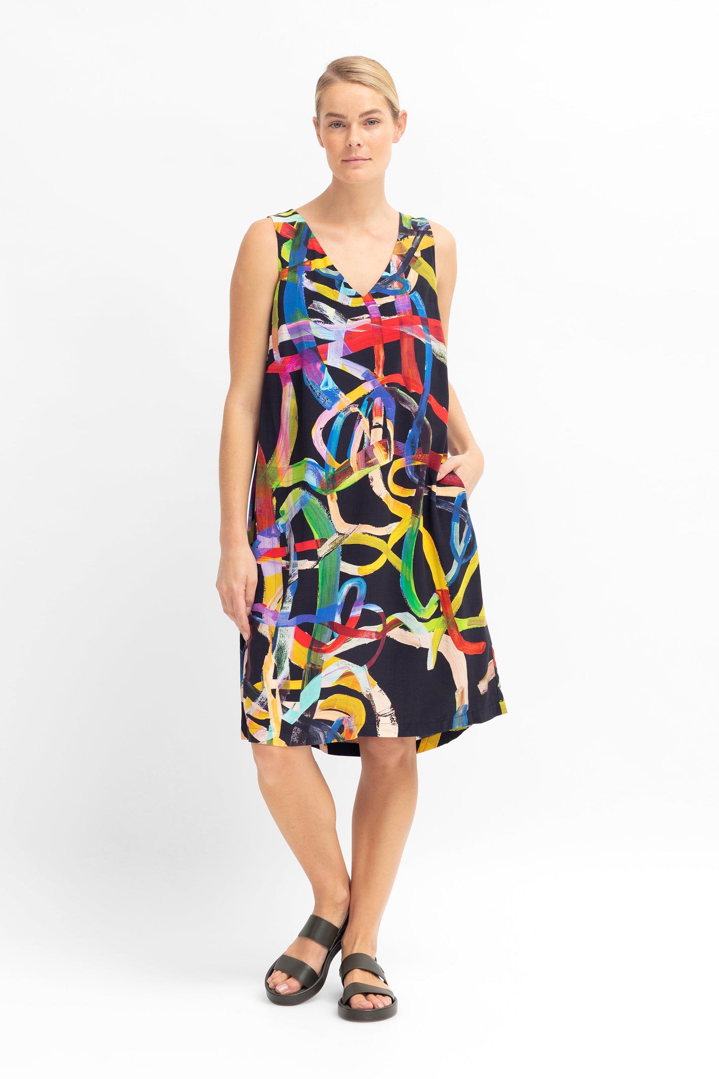 Kayra Silky Sustainable Viscose V Neck Statement Print Swing Tank Dress Model Front | FARVE PRINT