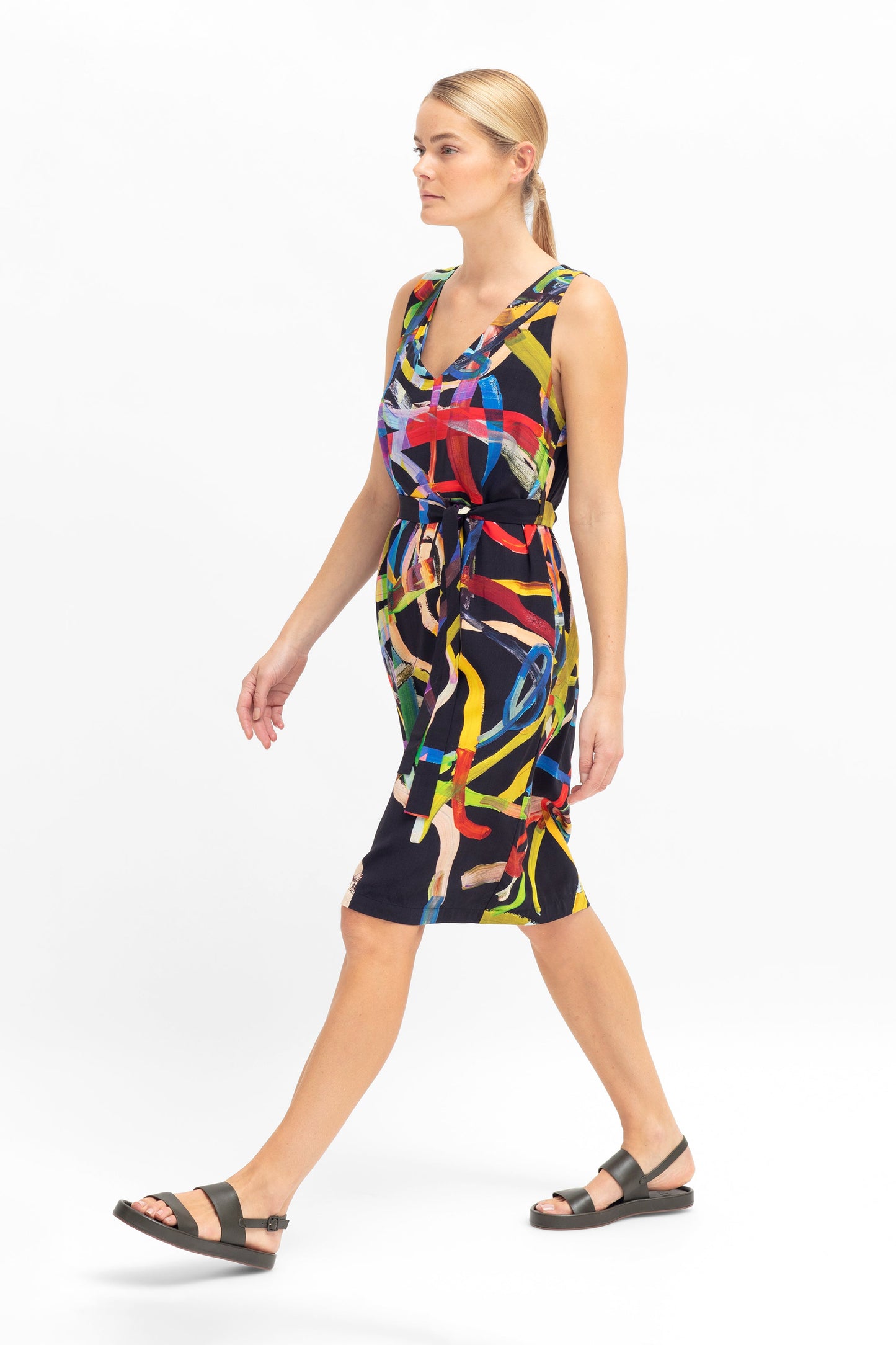 Kayra Silky Sustainable Viscose V Neck Statement Print Swing Tank Dress Model Belted Side | FARVE PRINT
