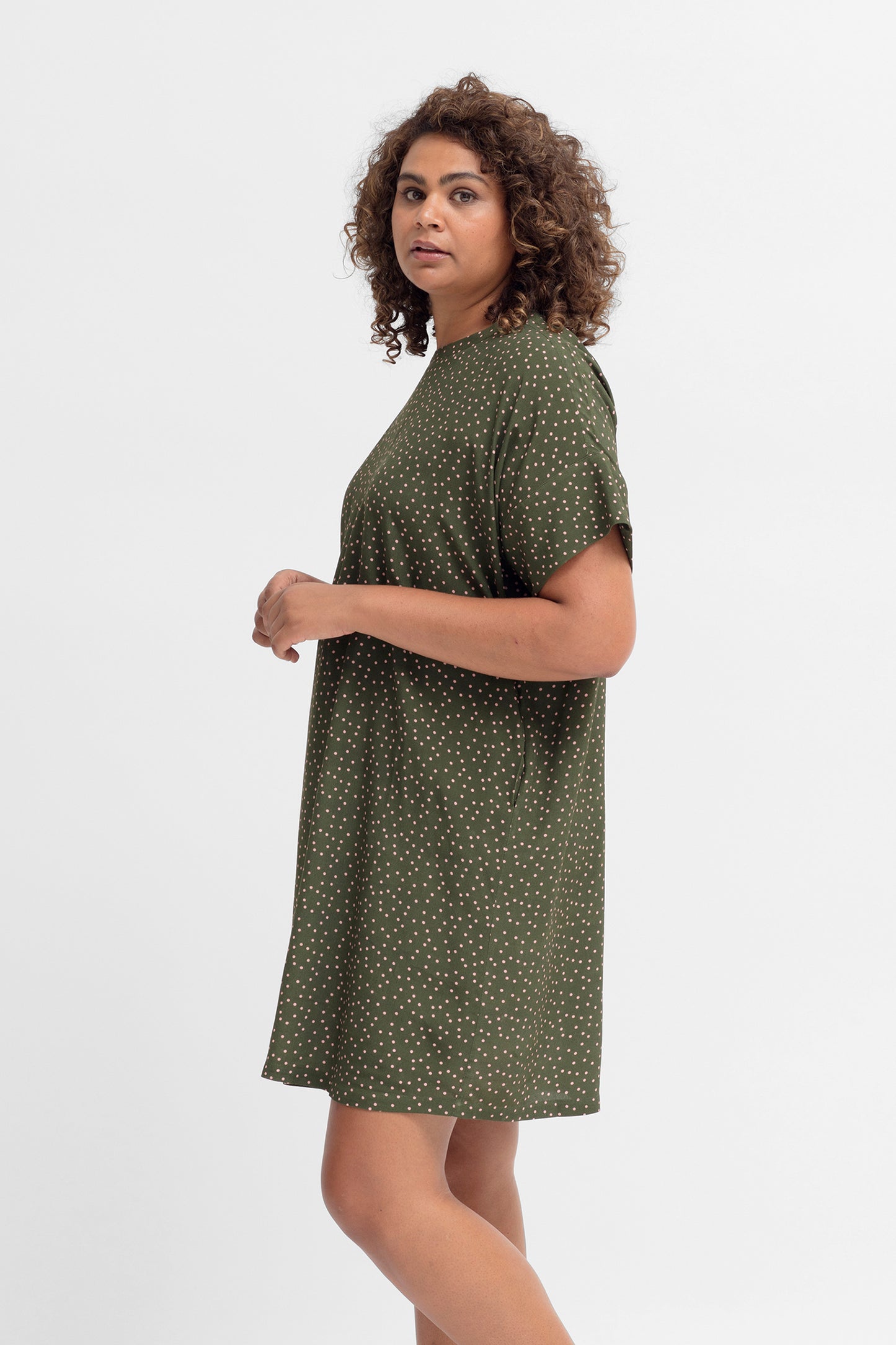 Jorunn Crepe T Dress Model Side | OLIVE PINK SPOT MIKRO PRINT