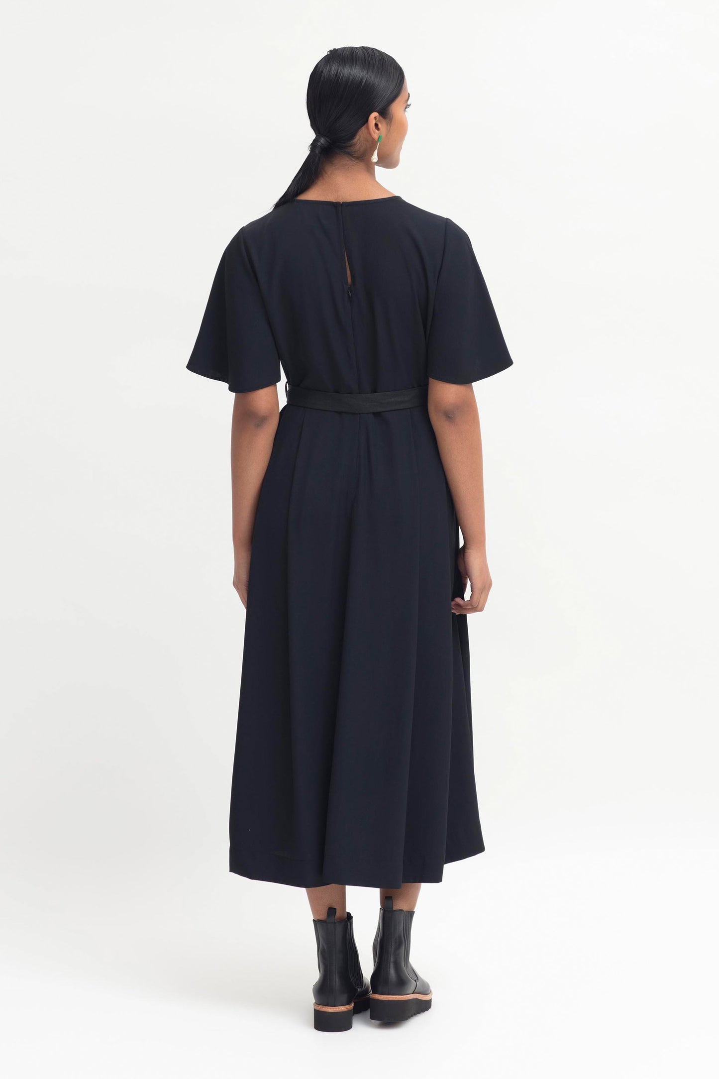 Deili V-Neck Flutter Sleeve A-line Dress Model Back | BLACK