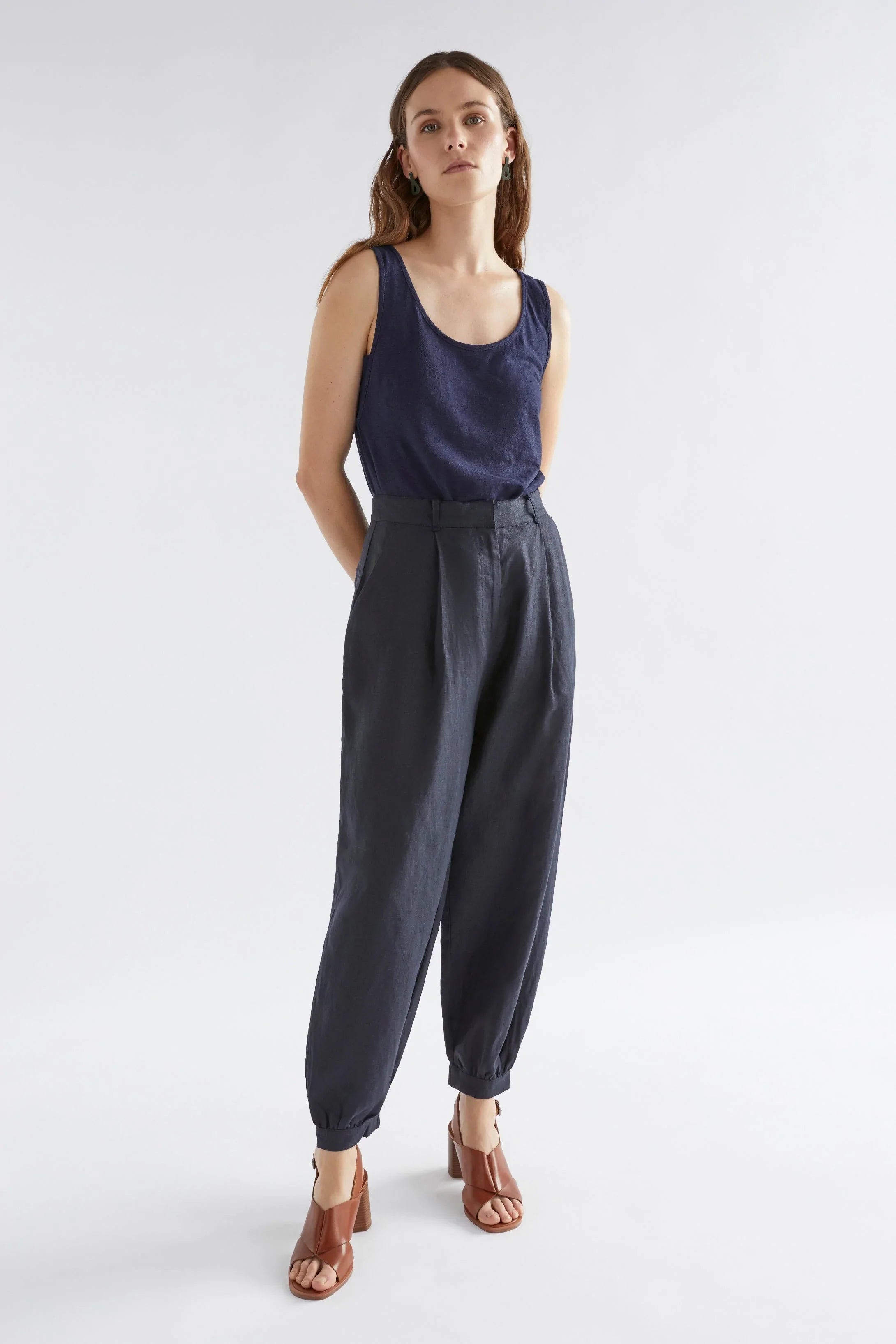 Taye Tapered French Linen Harem Pants Model Angled Front Full Body | STEEL BLUE