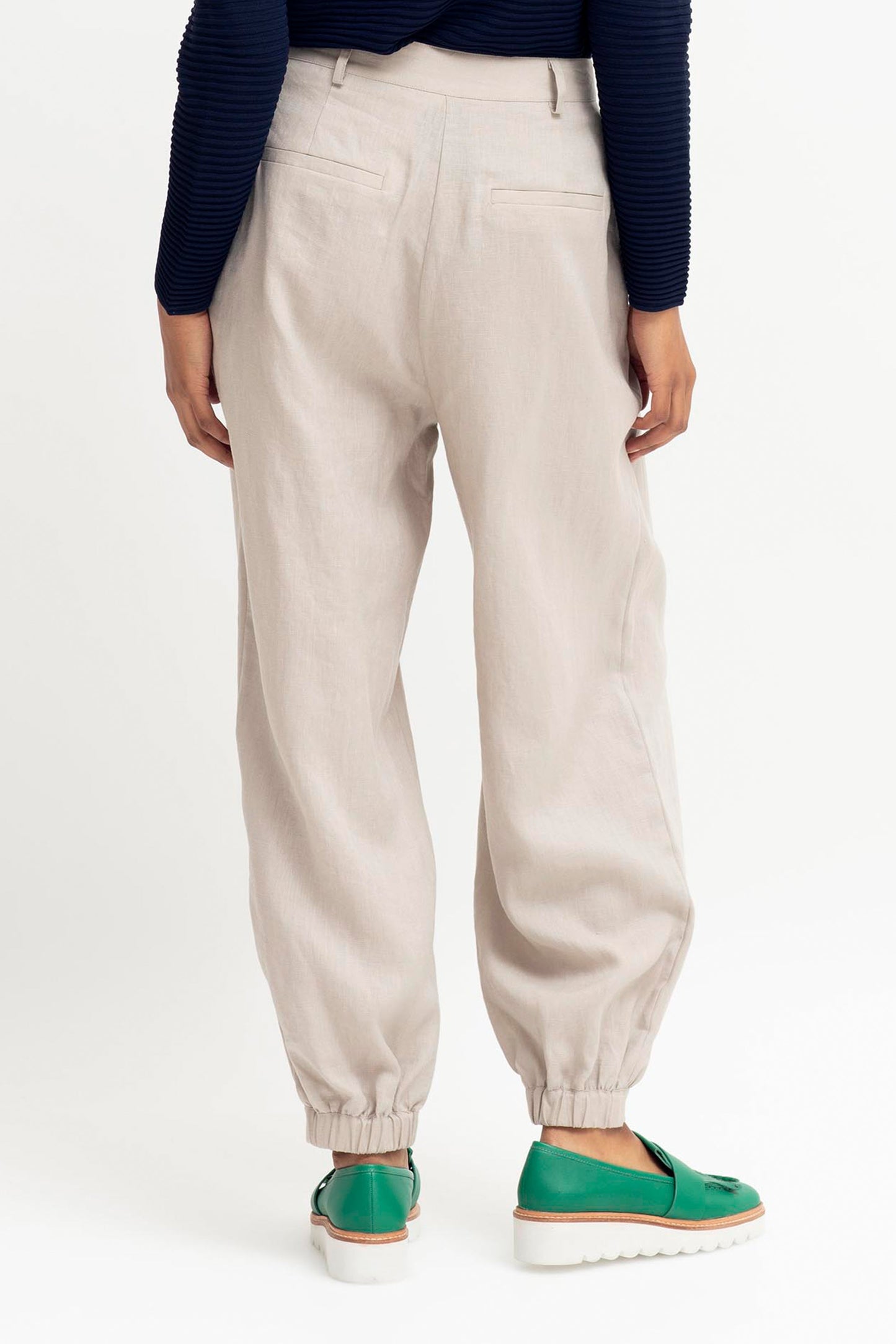 Taye Tapered French Linen Harem Pants Model Back | BYRON BEIGE
