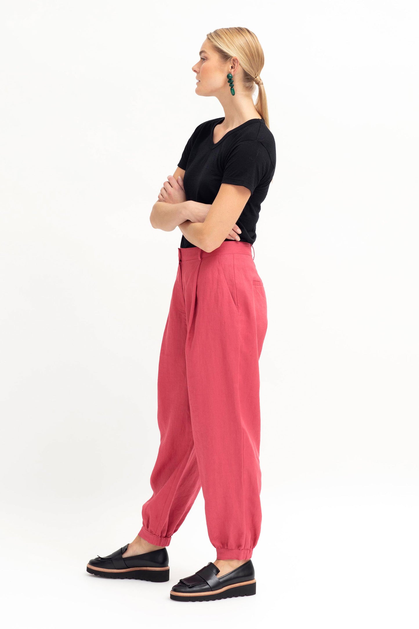 Taye Tapered French Linen Harem Pants Model Side Full Body | DESERT ROSE