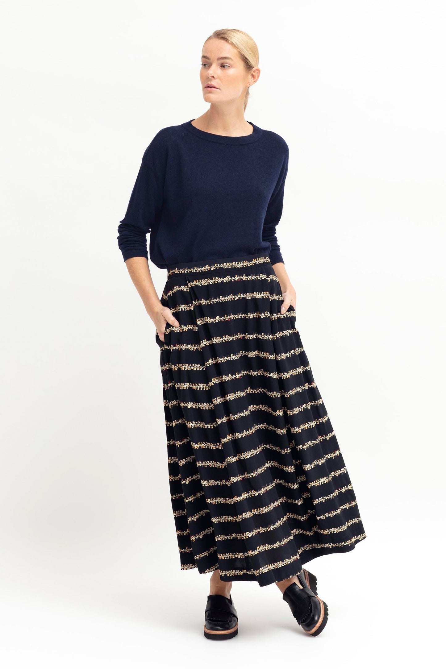 Stryde Sequin Print A-line Long Skirt with Pockets Model Front Full Body | SEQUIN PRINT