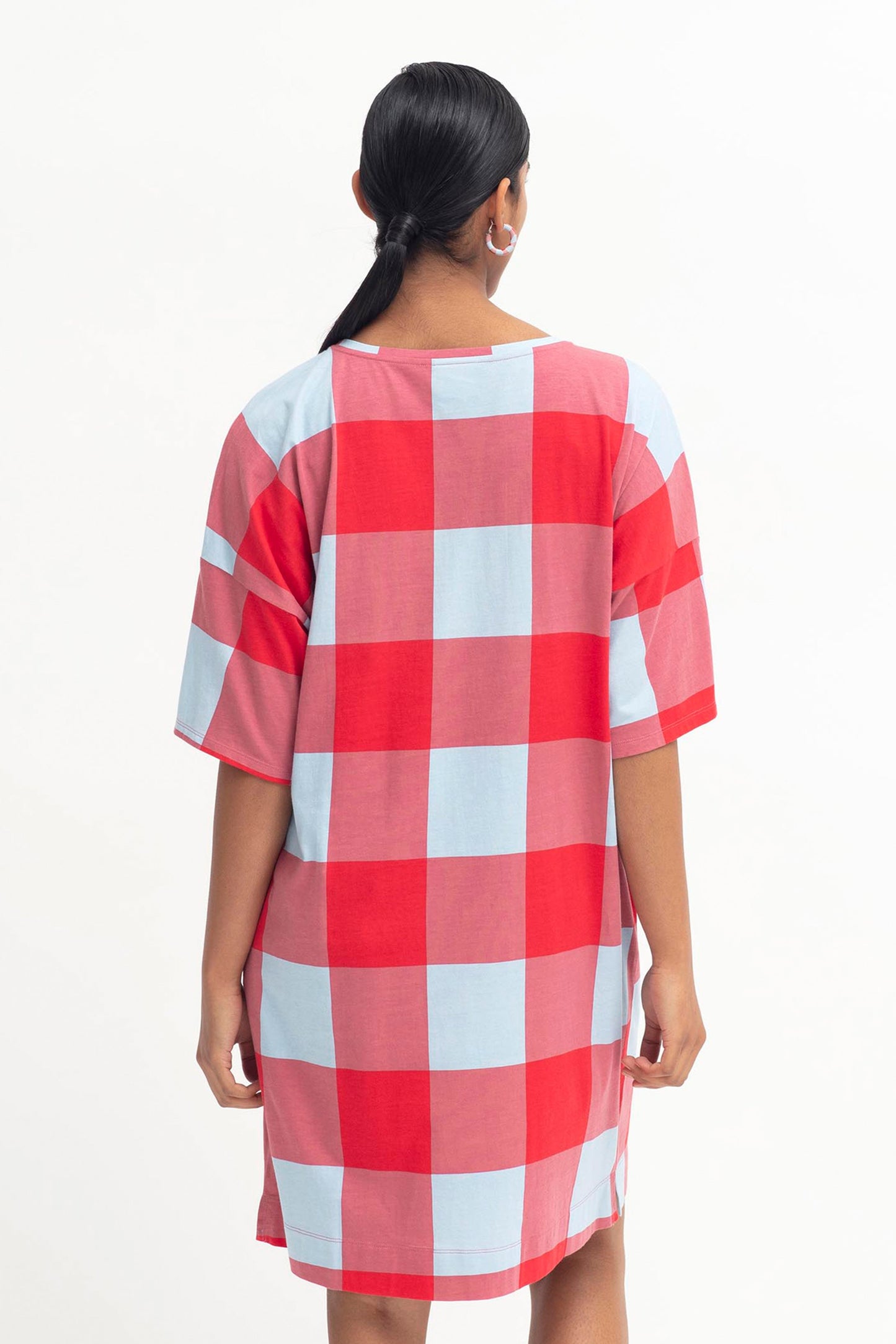 Kyla Organic Cotton Jersey Gingham Print Tshirt Dress Model Back | RED POWDER BLUE GINGHAM