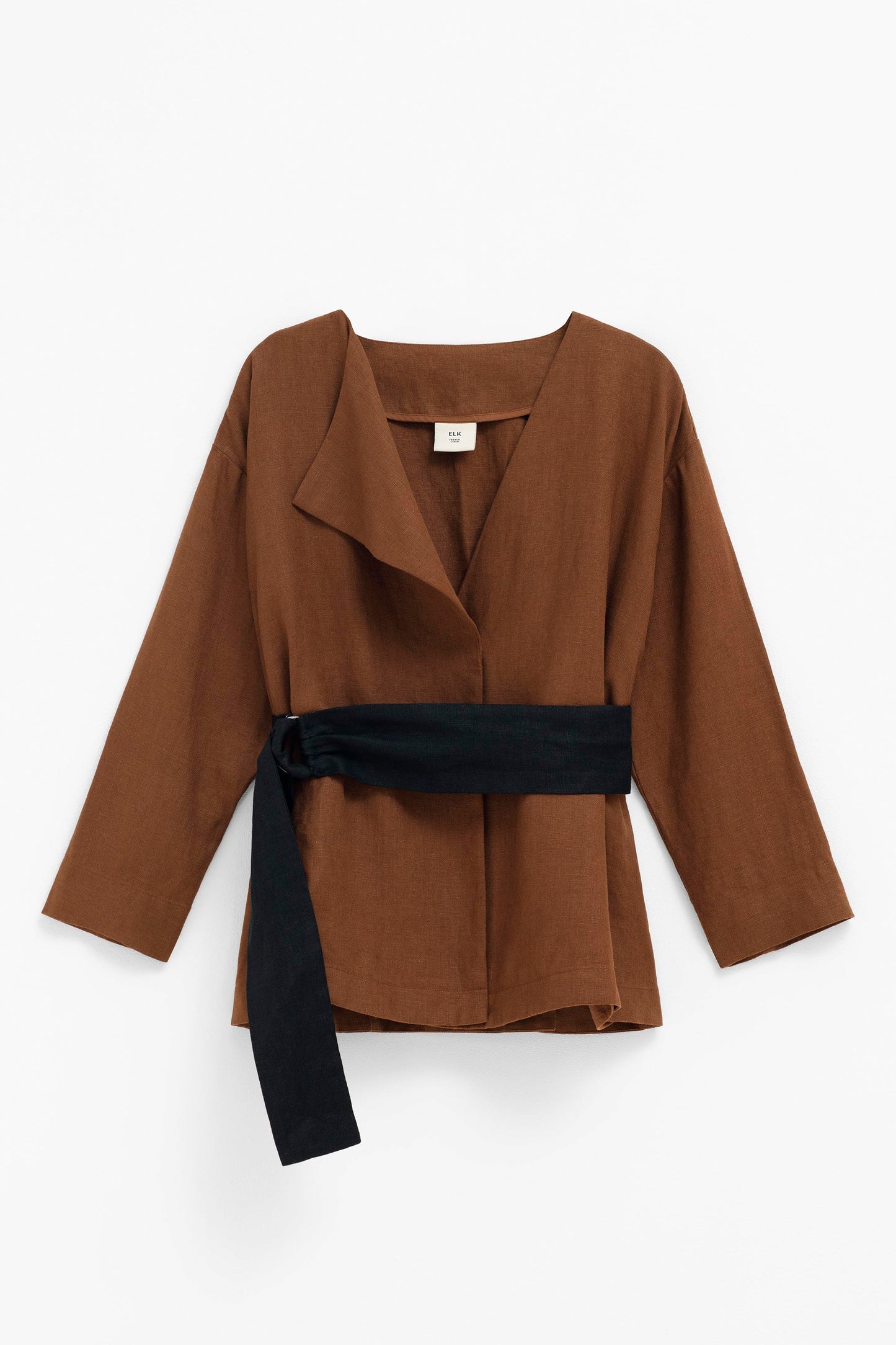 Ativ Linen Jacket with Contrasting Waist Belt Front | BRONZE BROWN