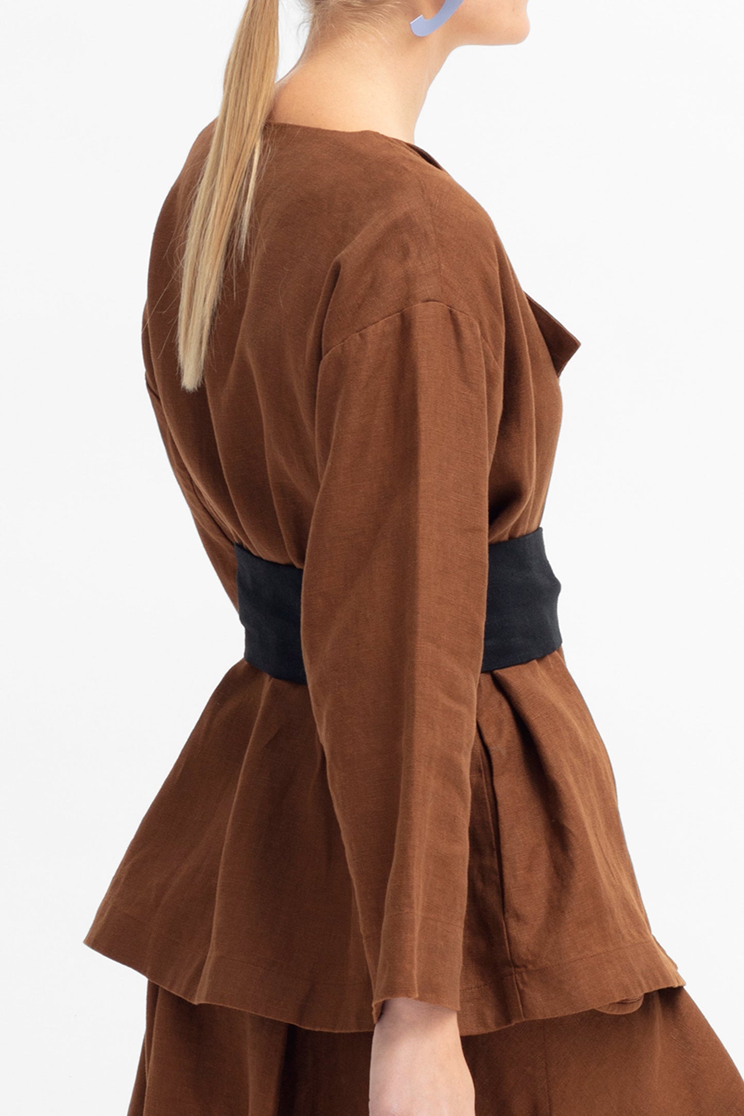 Ativ Linen Jacket with Contrasting Waist Belt Back Detail | BRONZE BROWN