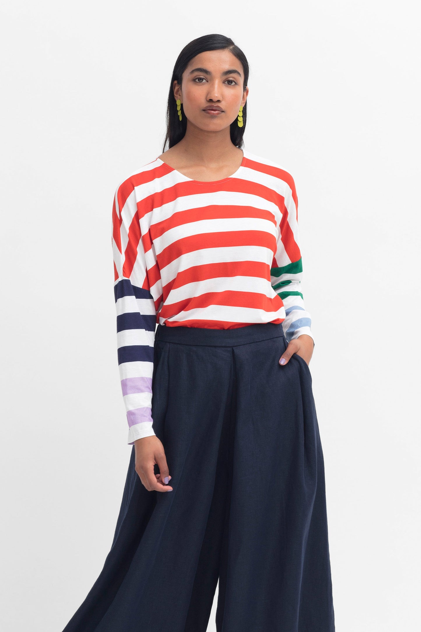 Linnell Organic Cotton Relaxed Fit Multi Stripe Long Sleeve Tee Model Front Tucked | MULTI