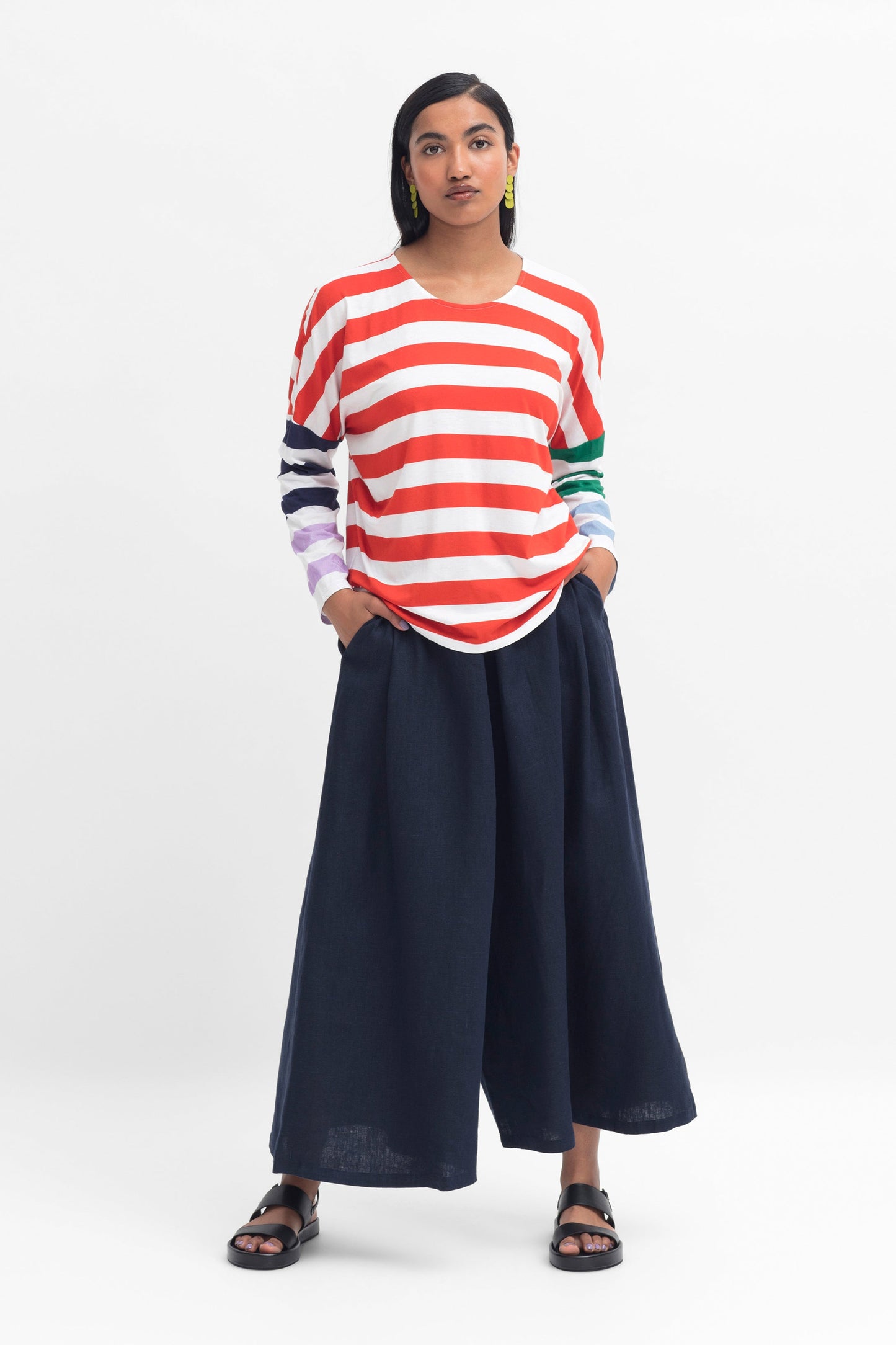 Linnell Organic Cotton Relaxed Fit Multi Stripe Long Sleeve Tee Model Front Full Body | MULTI