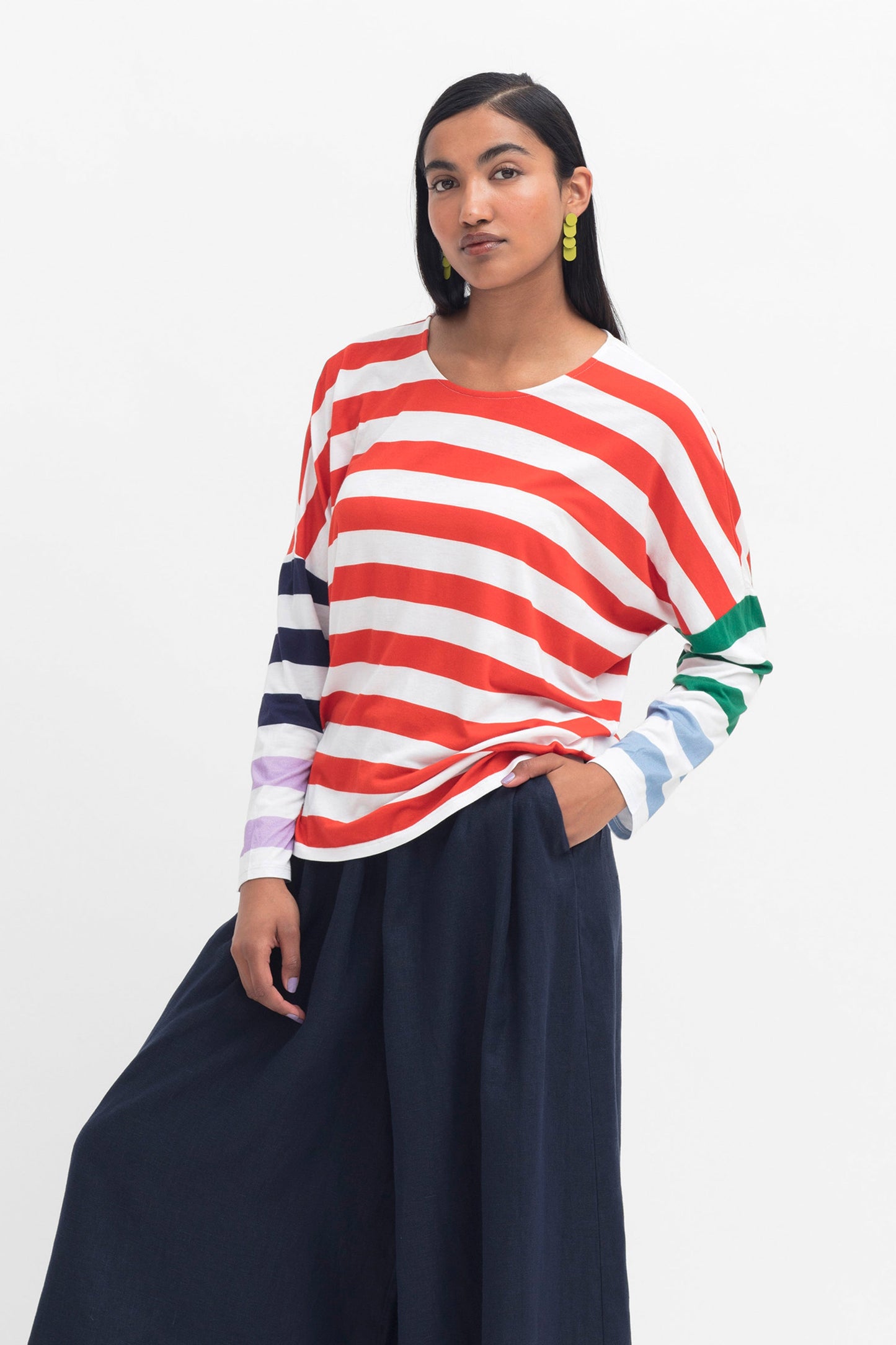 Linnell Organic Cotton Relaxed Fit Multi Stripe Long Sleeve Tee Model Angled front  | MULTI