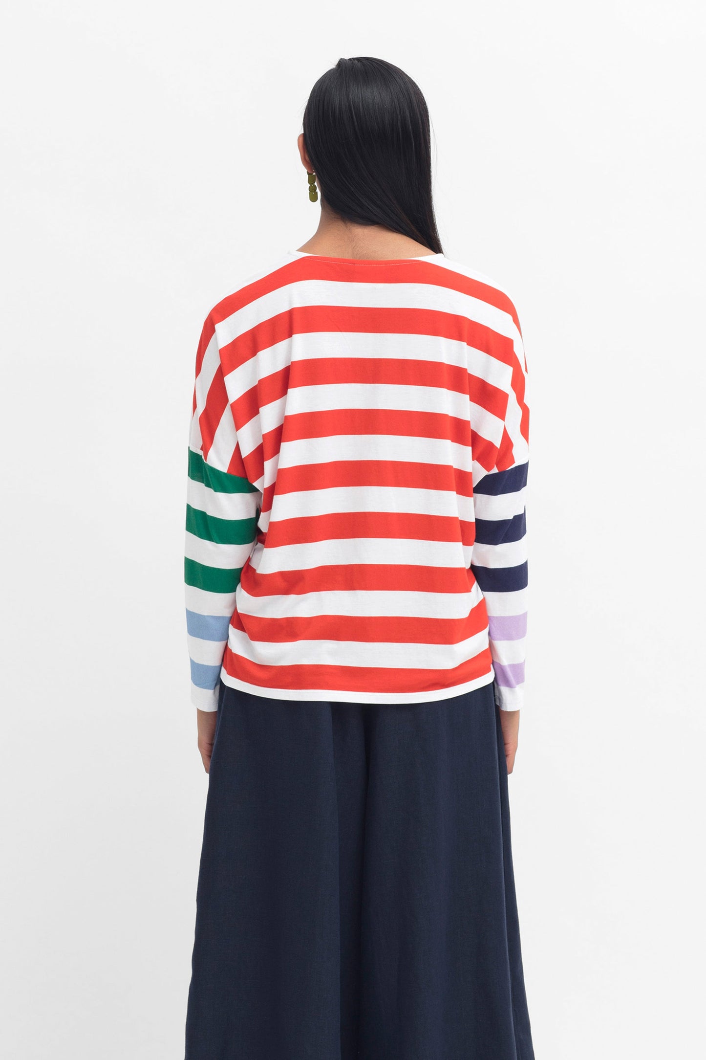 Linnell Organic Cotton Relaxed Fit Multi Stripe Long Sleeve Tee Model Front Back | MULTI