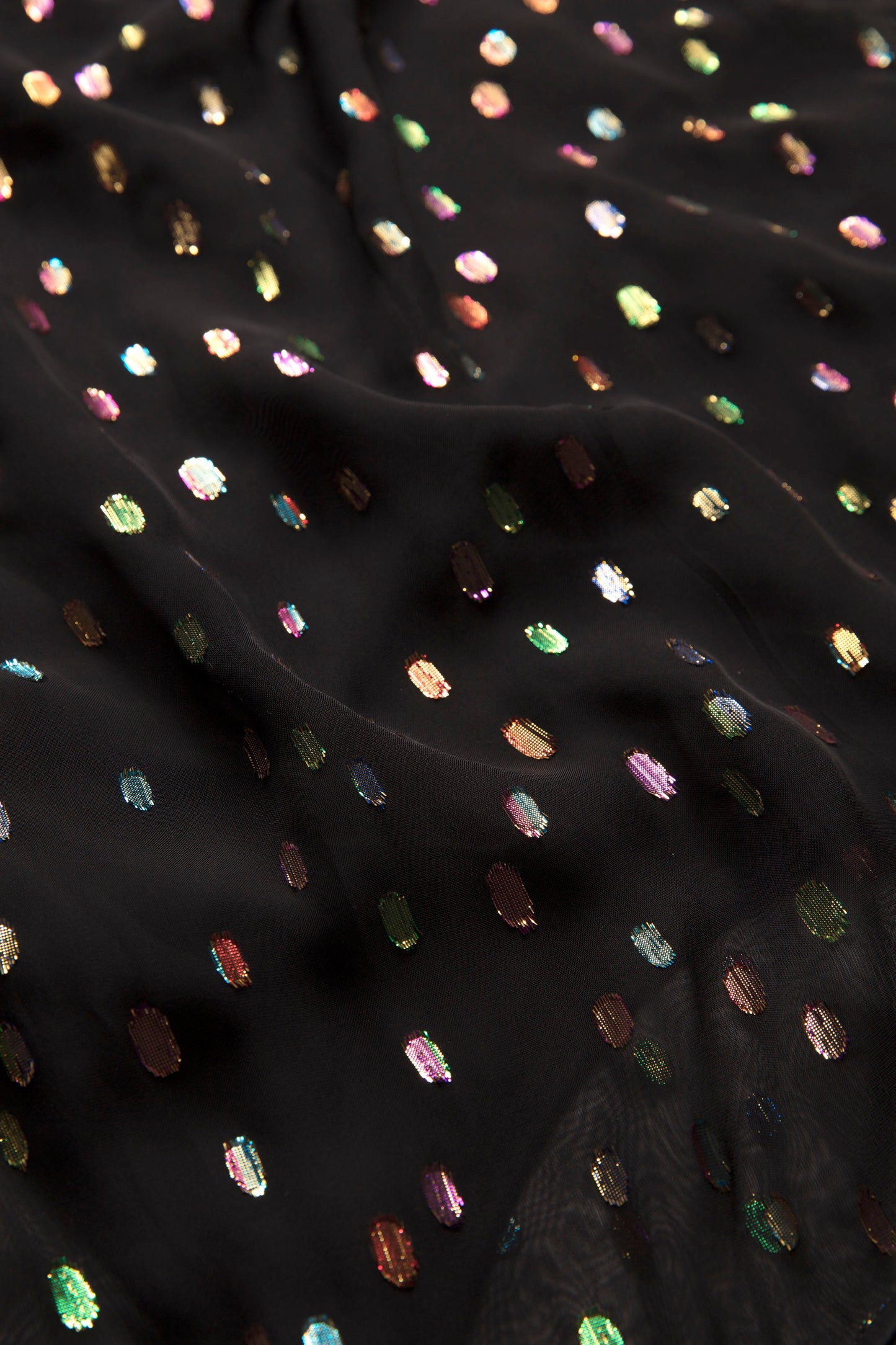 Skir Semi Sheer Viscose Metallic Rainbow Spot Party Midi Dress Fabric Detail | BLACK