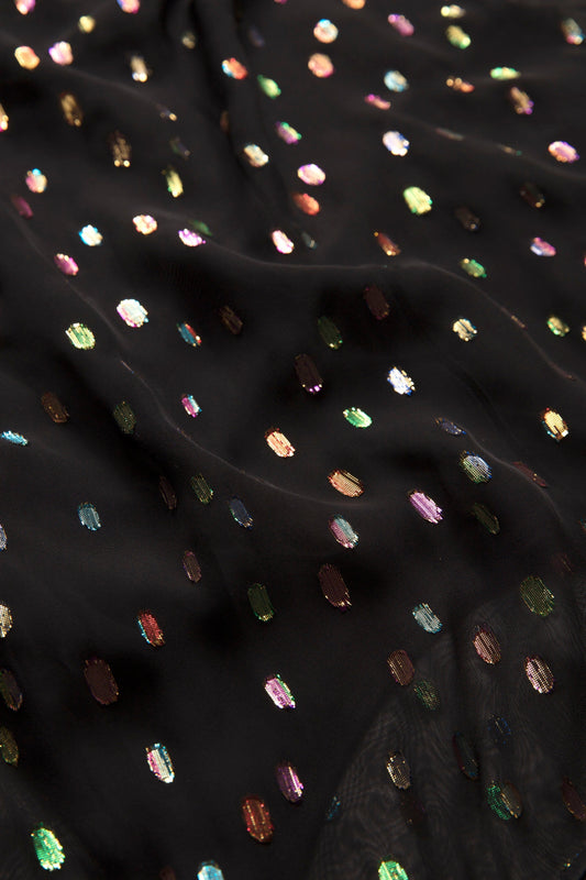 Skir Semi Sheer Viscose Metallic Spot Party Knee Length Dress fabric detail | BLACK