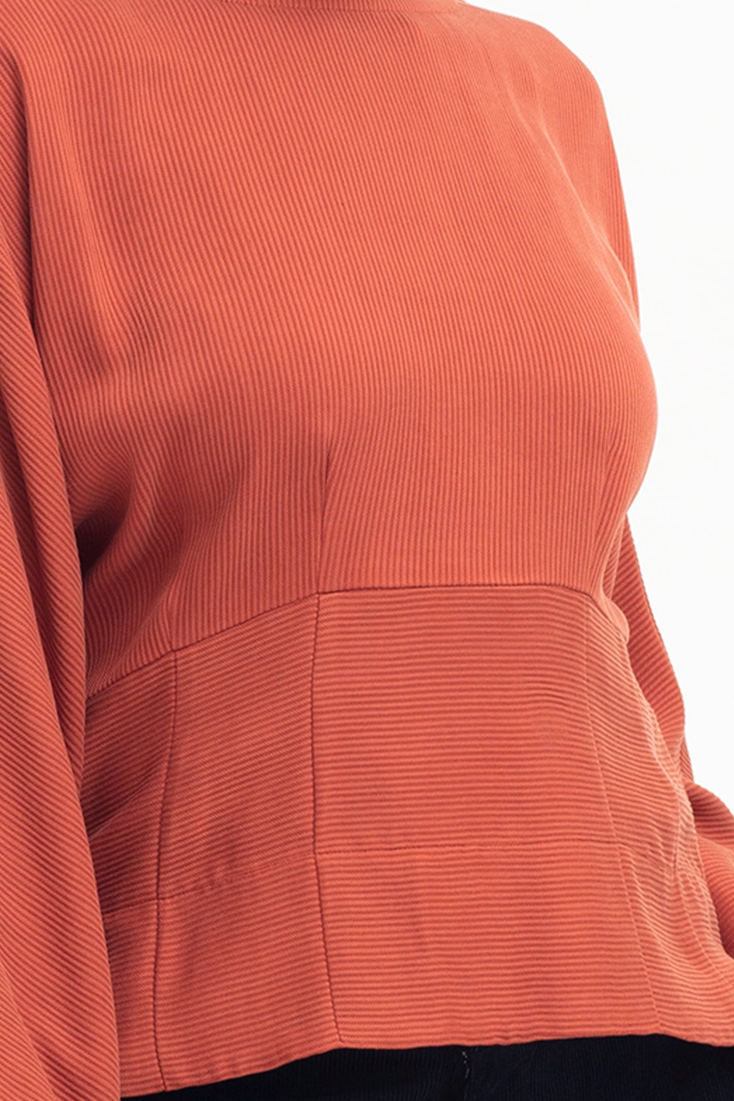 Sira Long Sleeve Ribbed Batwing Top Model Front Detail | CINNAMON