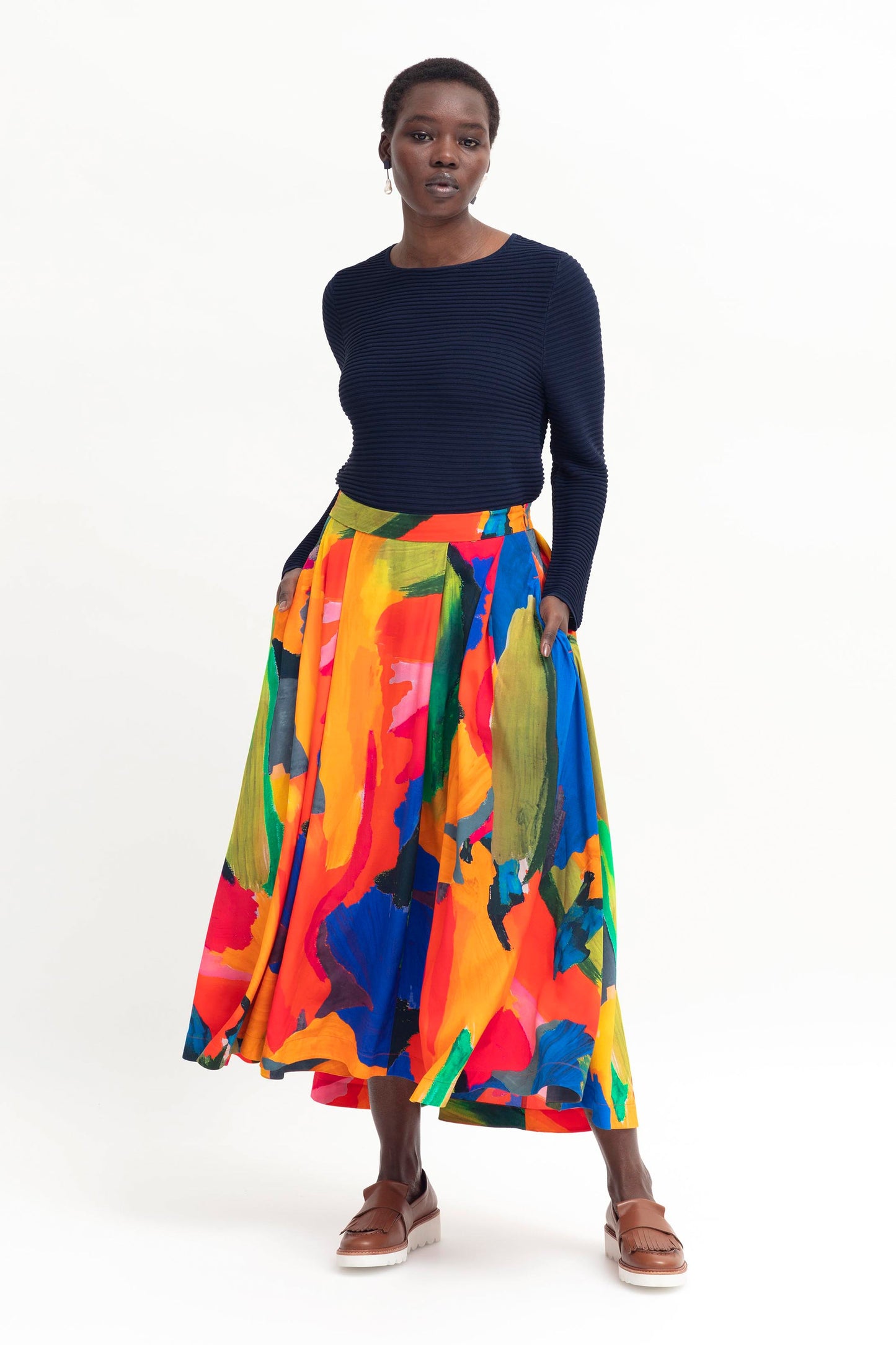 Danse High Low Hem Statement Print Skirt Model Front | KALO PRINT