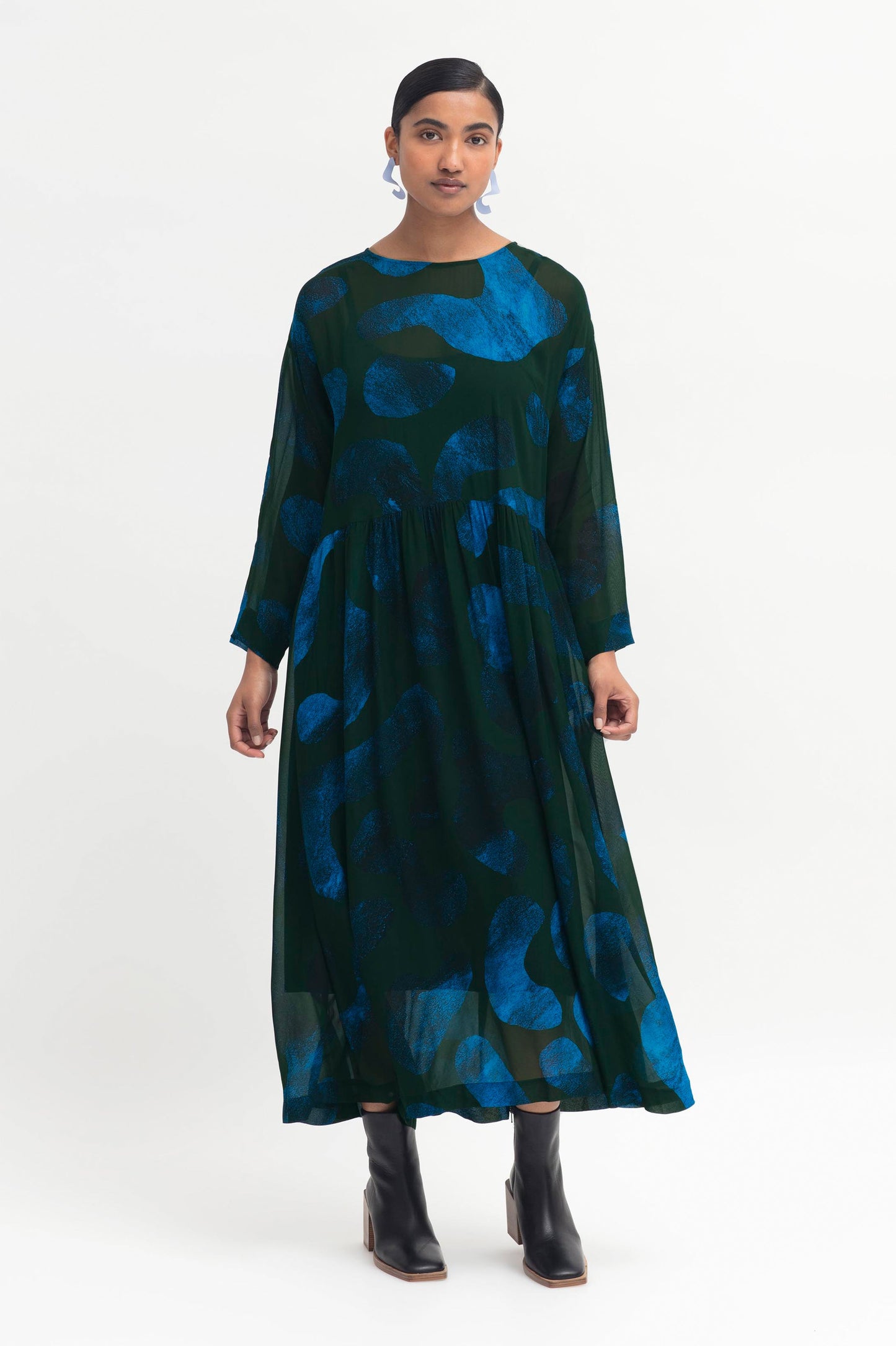 Gira Sheer Long Sleeve Black and Blue Print Dress with Slip Model Front | ANIMAL PRINT
