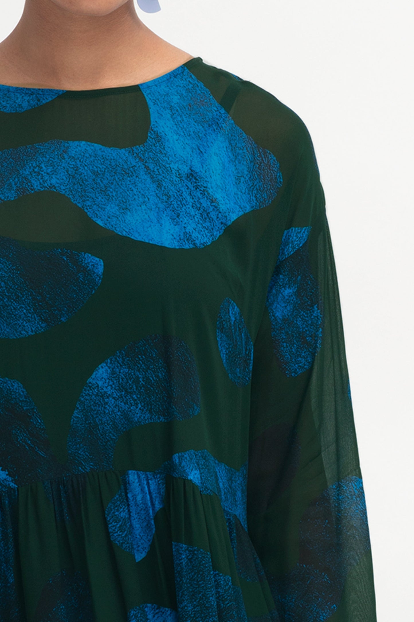 Gira Sheer Long Sleeve Black and Blue Print Dress with Slip Model Front detail | ANIMAL PRINT