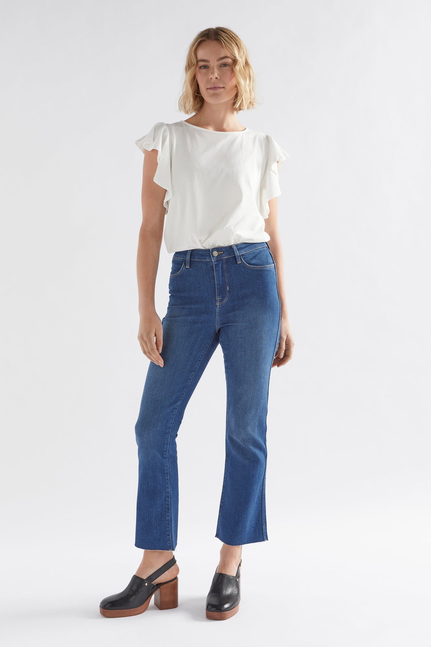 Kalen Organic Cotton Jersey Ruffle Sleeve Top Model Front Full Body | WHITE