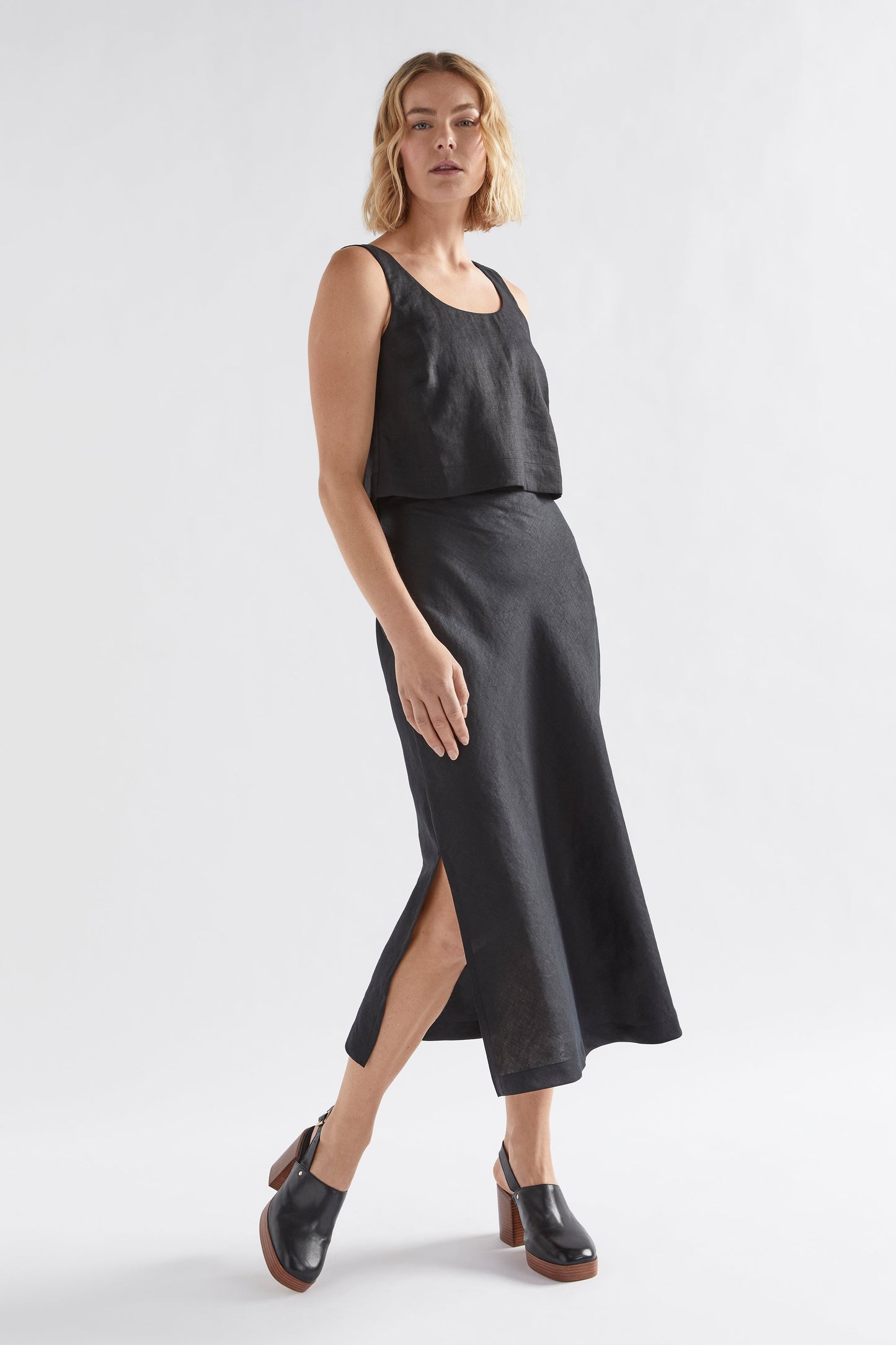 Stilla Midi Pencil Skirt with Side Splits Model Front | BLACK