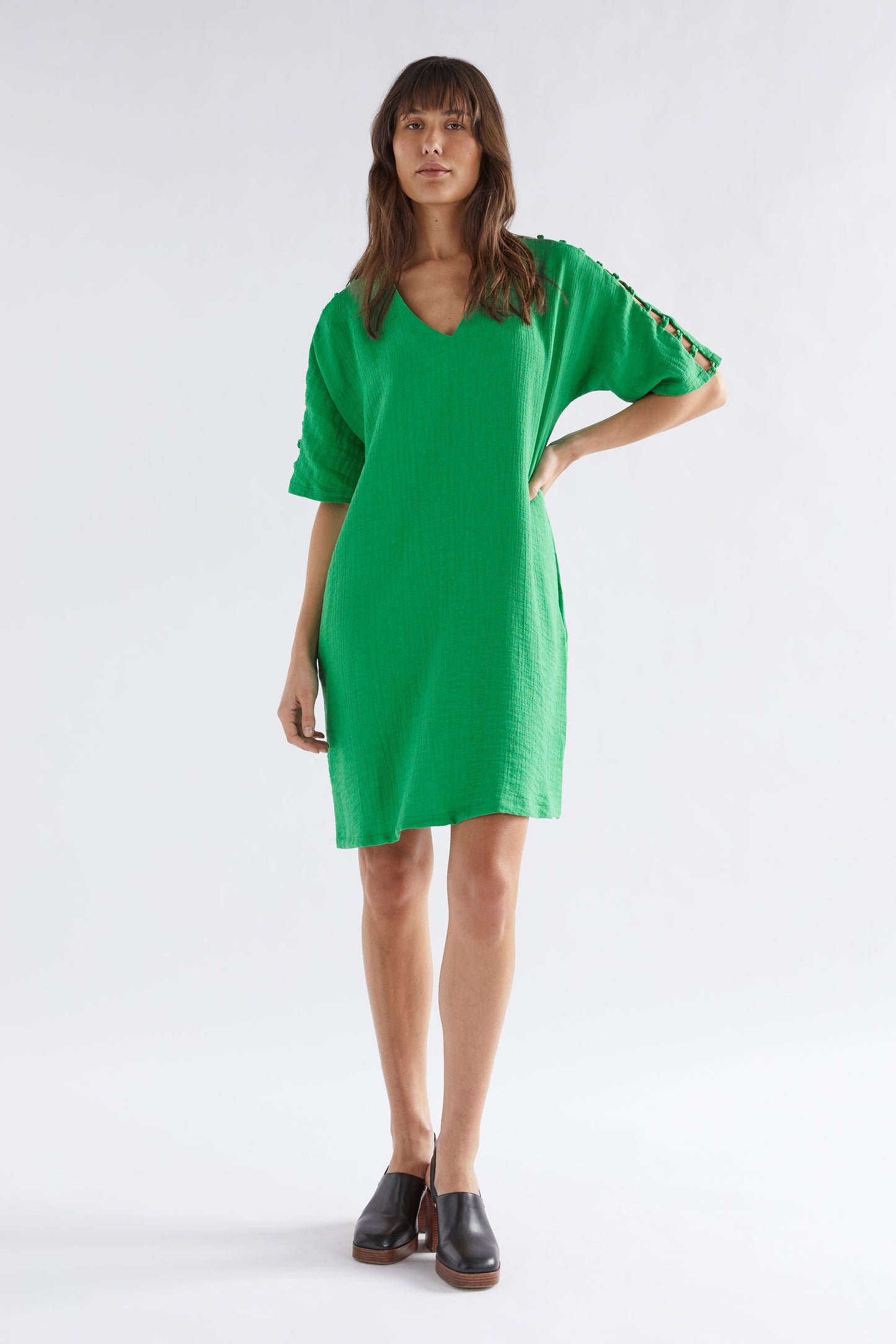 Loopt Crinkle V Neck Short Dress with Loop Sleeve Detail Model Front | LAWN GREEN