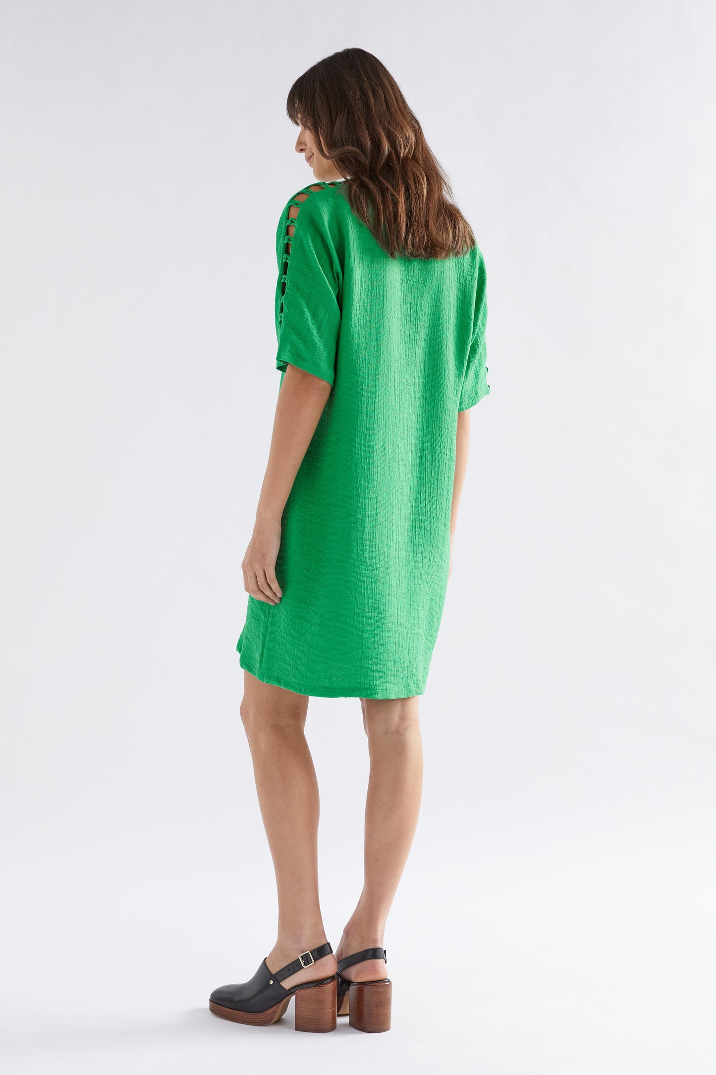 Loopt Crinkle V Neck Short Dress with Loop Sleeve Detail Model Back | LAWN GREEN