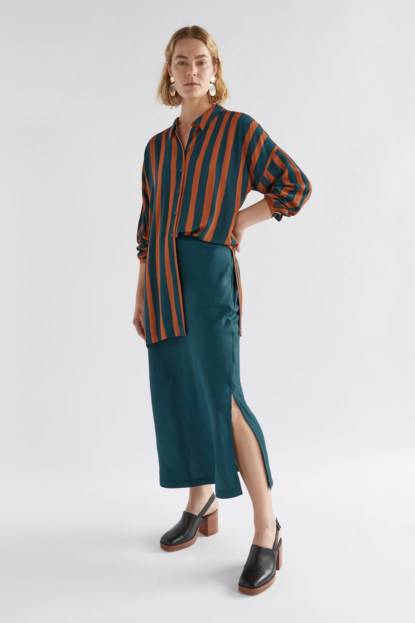 Tilbe Silky Striped Long Shirt Model angled front | BRONZE TEAL PAINT STRIPE