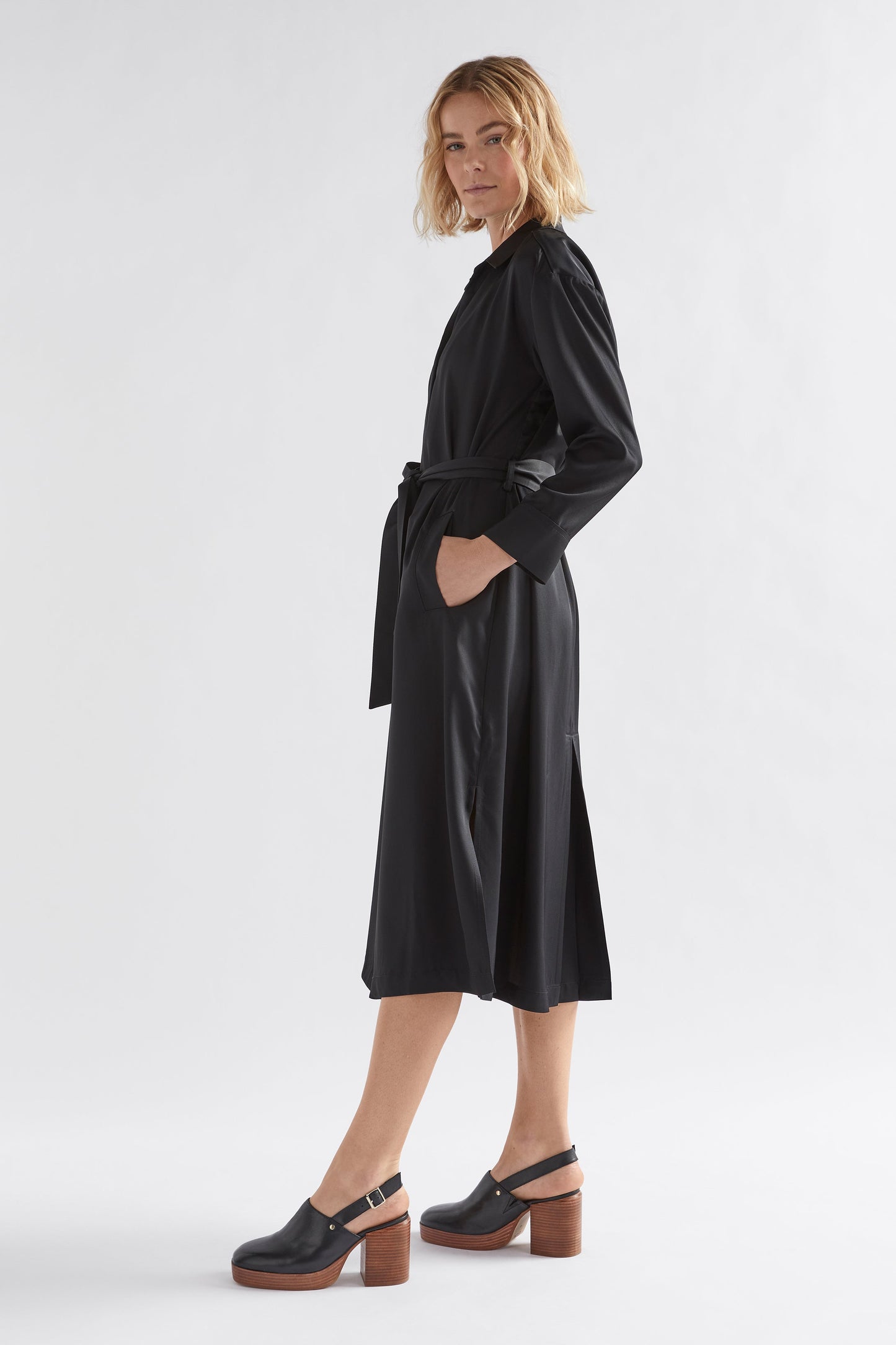 Vail Long Sleeve Shirt Dress Model Side | BLACK