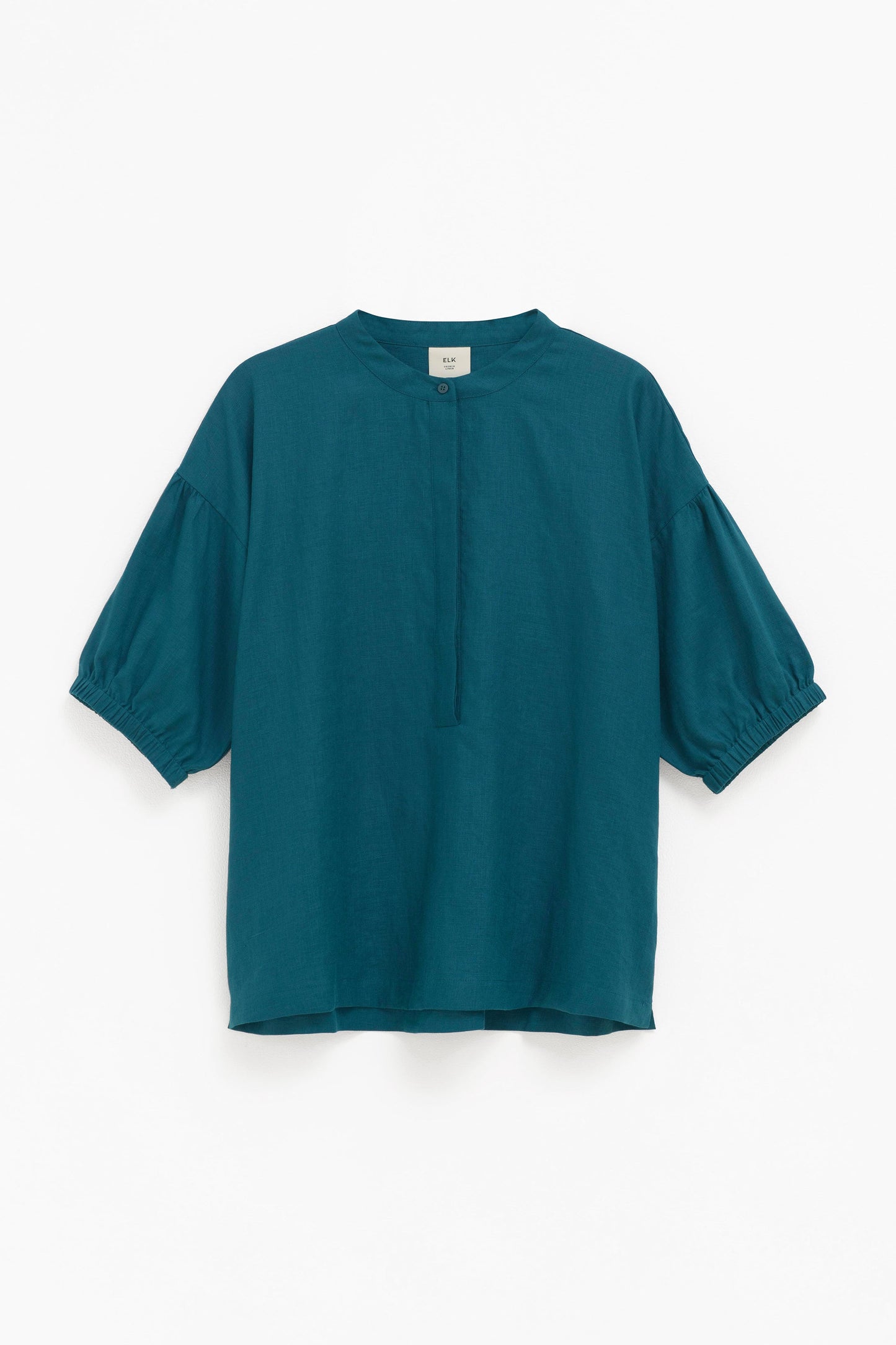 Strom Linen Puff Sleeve Collarless Shirt Front | PEACOCK