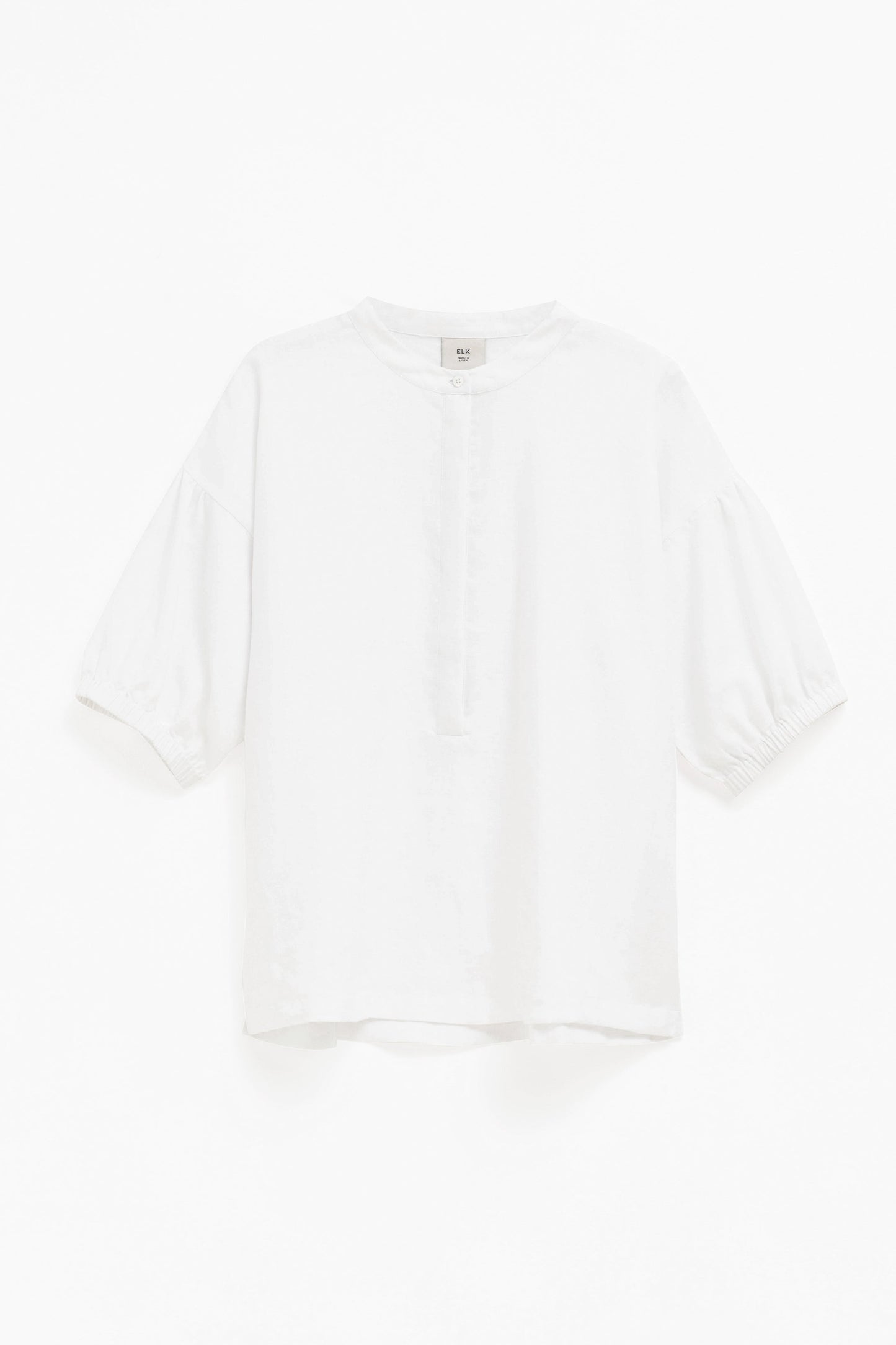 Strom Linen Puff Sleeve Collarless Shirt Front | WHITE