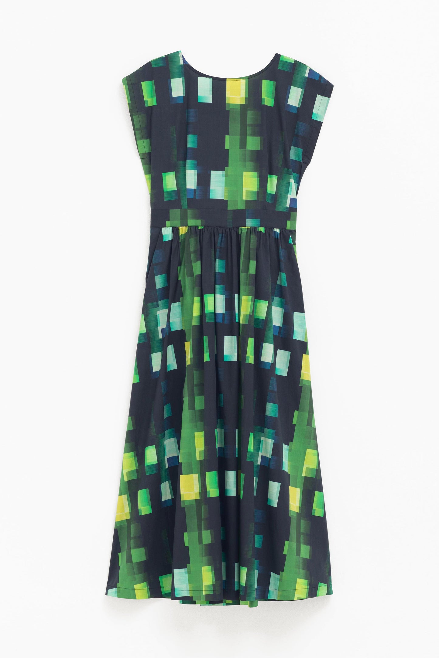 Indi Cap Sleeve Waisted Midi Dress Front | GREEN SHUTTER GRID