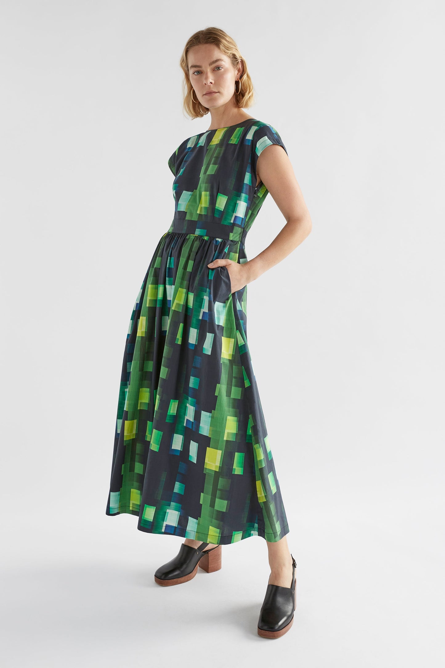 Indi Cap Sleeve Waisted Midi Dress Model Front | GREEN SHUTTER GRID