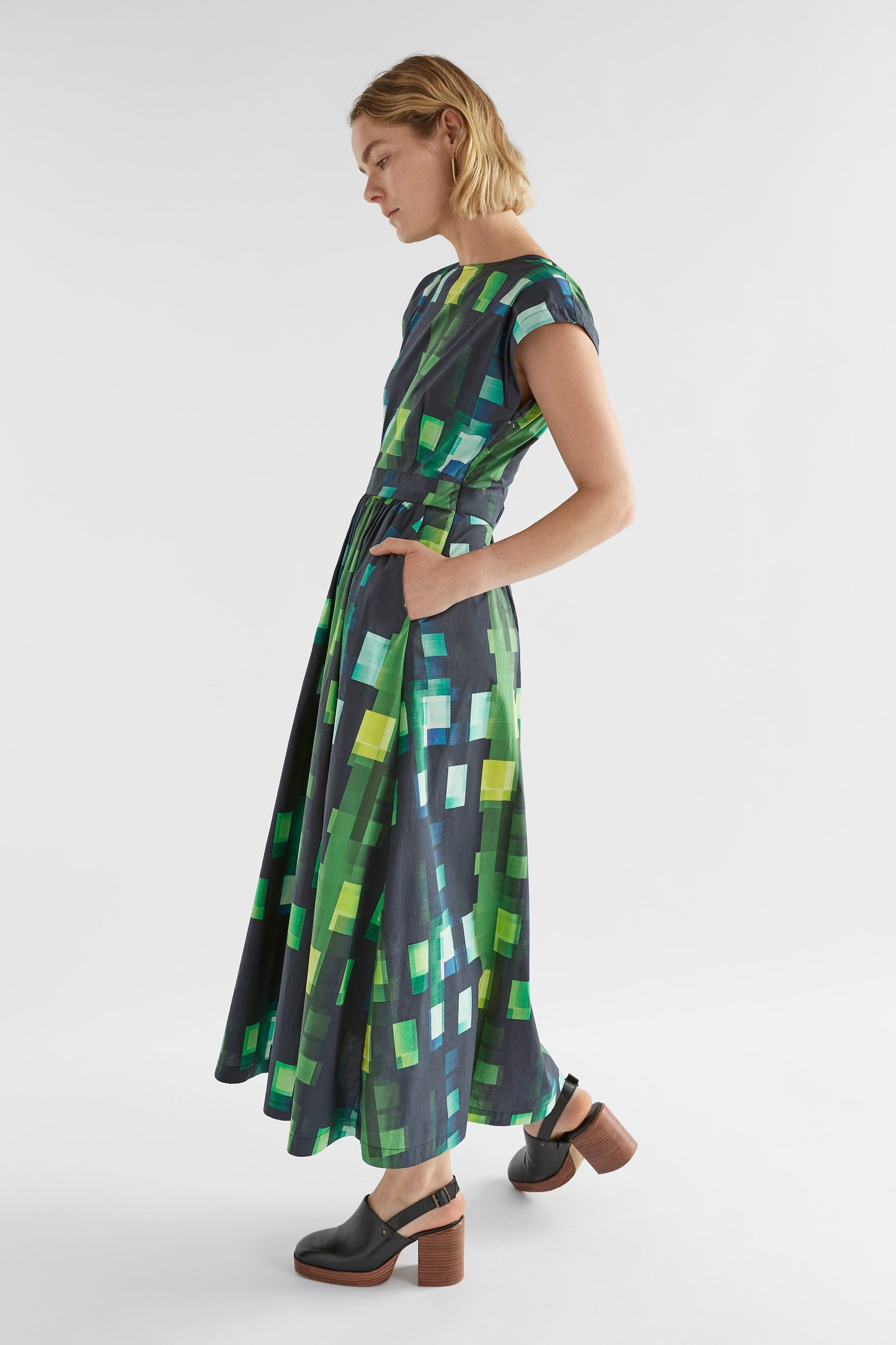 Indi Cap Sleeve Waisted Midi Dress Model Side | GREEN SHUTTER GRID