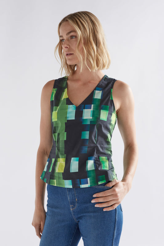 Indi Organic Cotton Print Tank with Back Cut Out Model Front | GREEN SHUTTER GRID