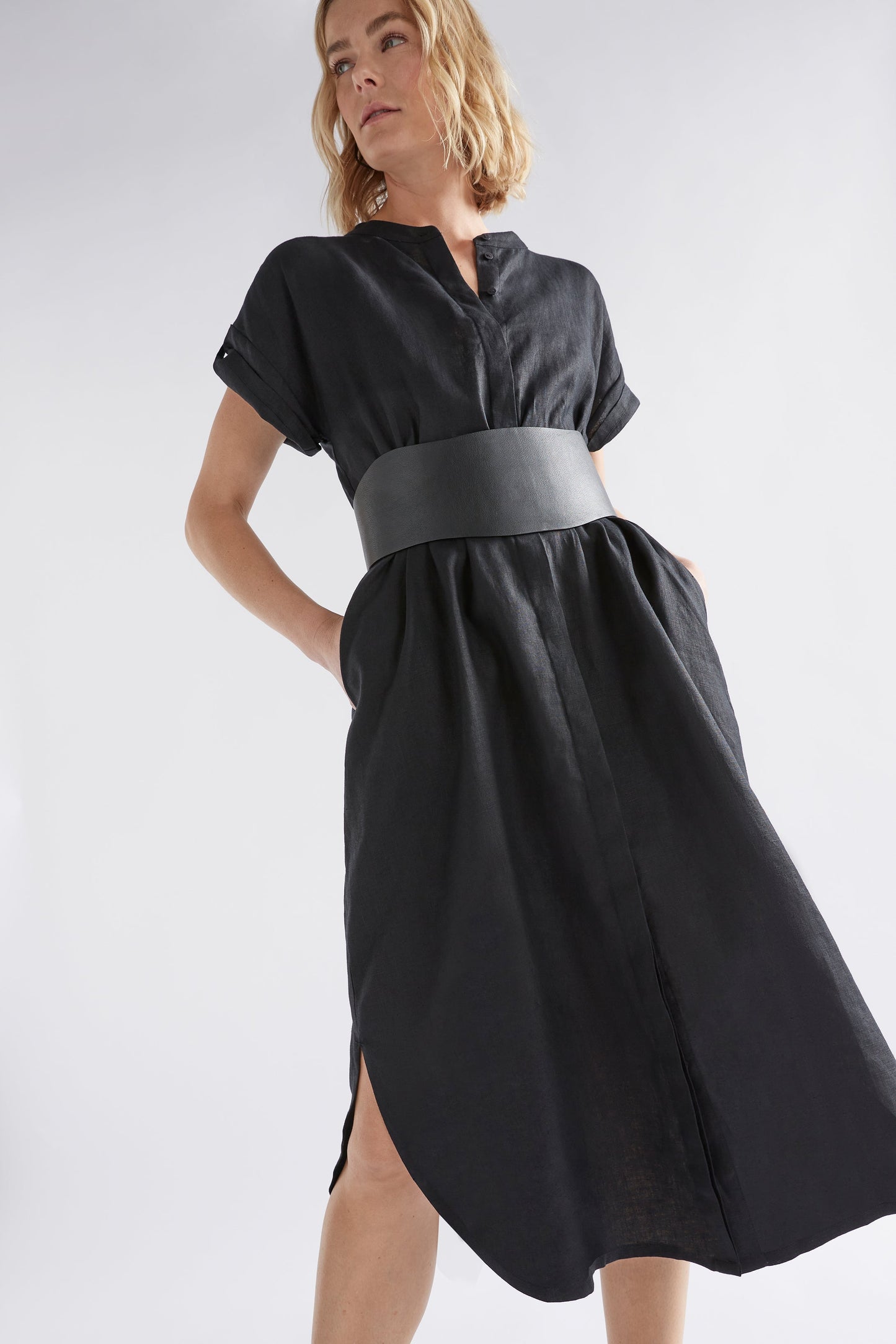 Neza Linen Collarless Shirt Dress model front with Vinka Waist Belt | BLACK