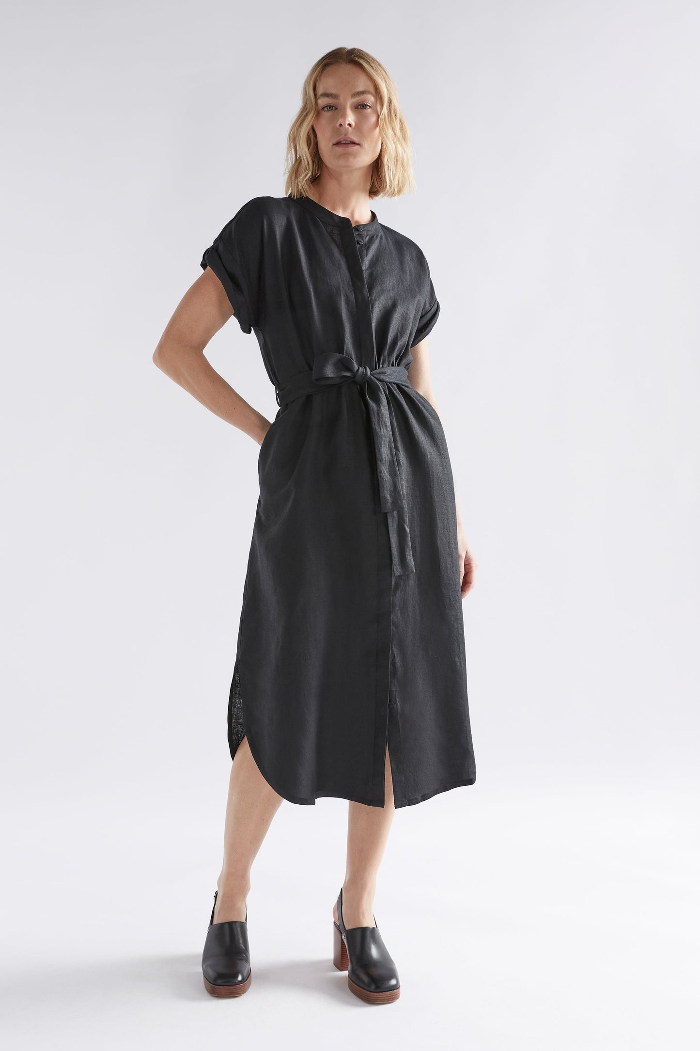 Neza Linen Collarless Shirt Dress model front tied | BLACK