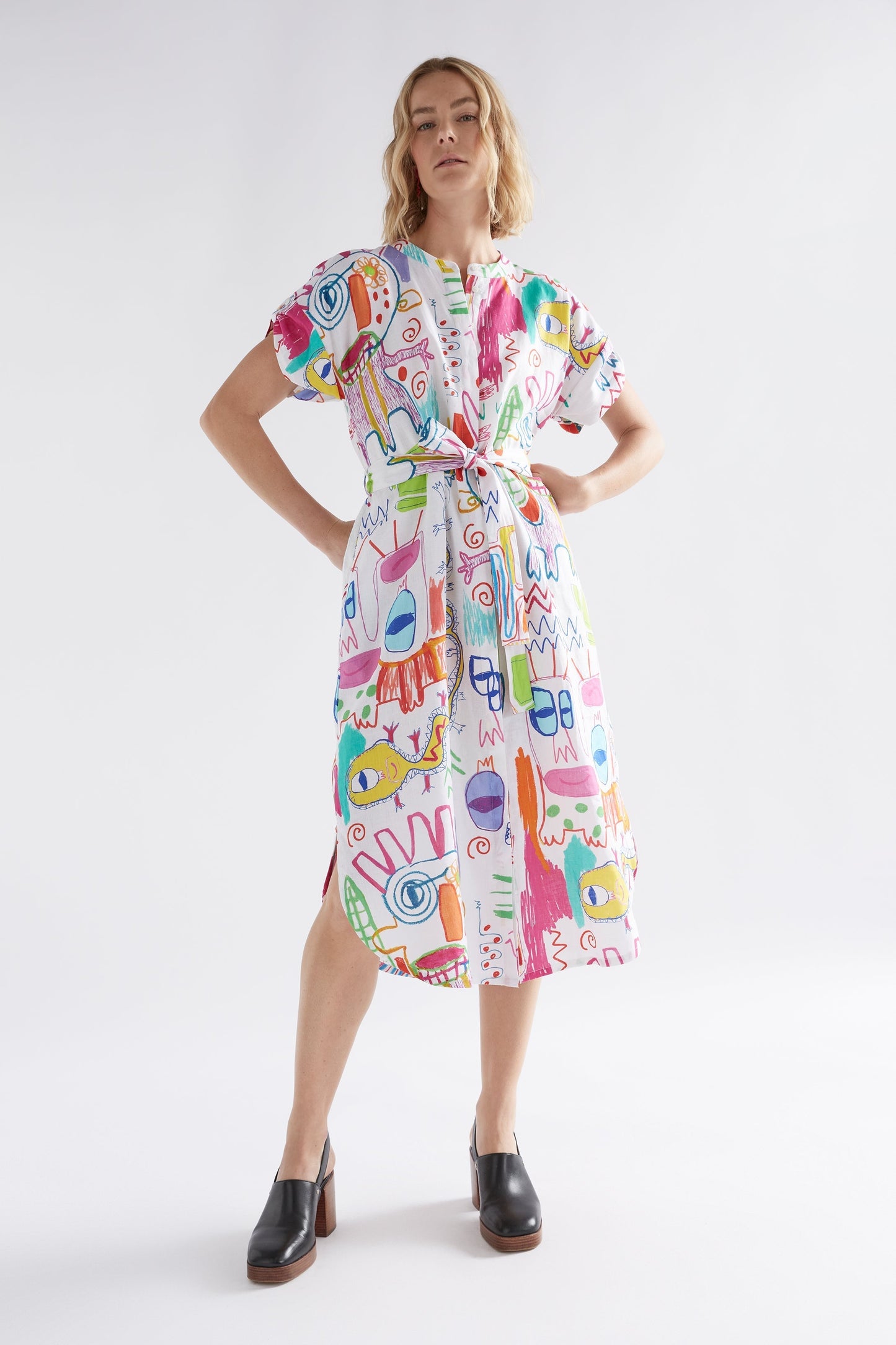 Neza Linen Collarless Print Shirt Dress model front tied | WHITE SKETCH PRINT