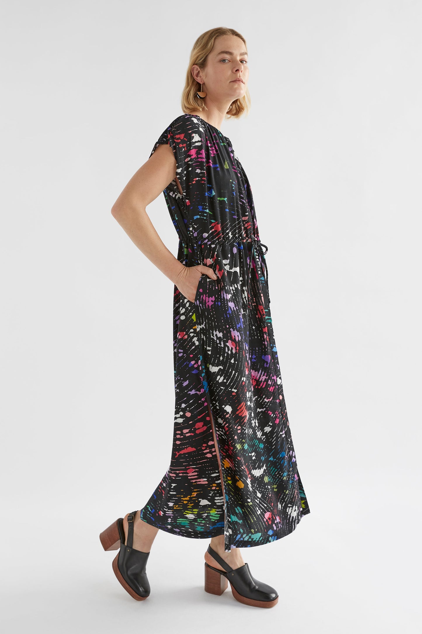 Kash Long Print Collarless Shirt Dress Model Side | BUTTERFLY PRINT