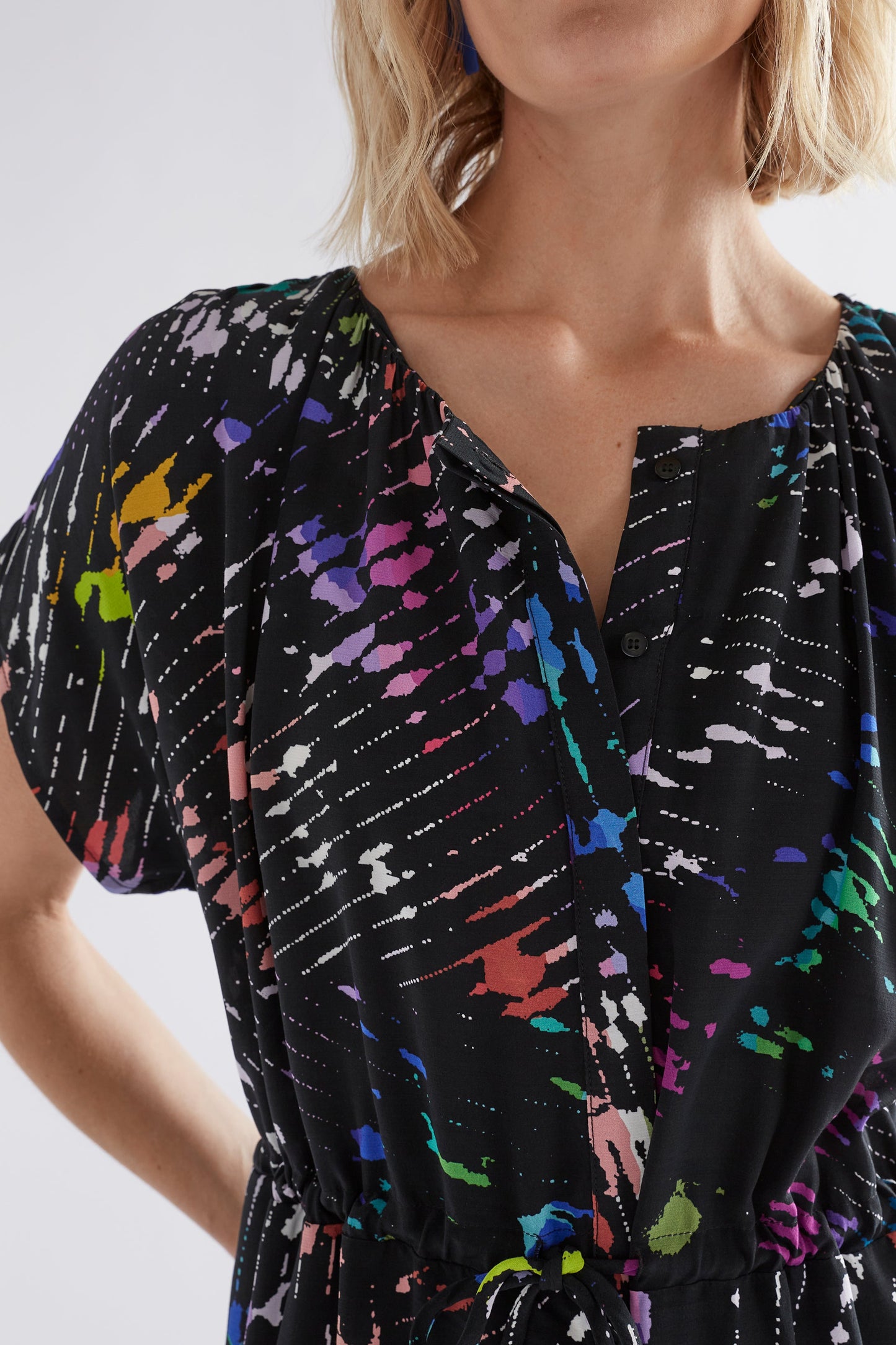 Kash Long Print Collarless Shirt Dress Model Front Close Up | BUTTERFLY PRINT